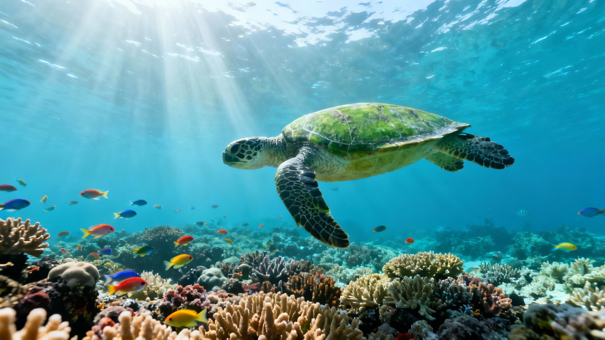 A green sea turtle swims gracefully above a vibrant coral reef with colorful fish and sunbeams.