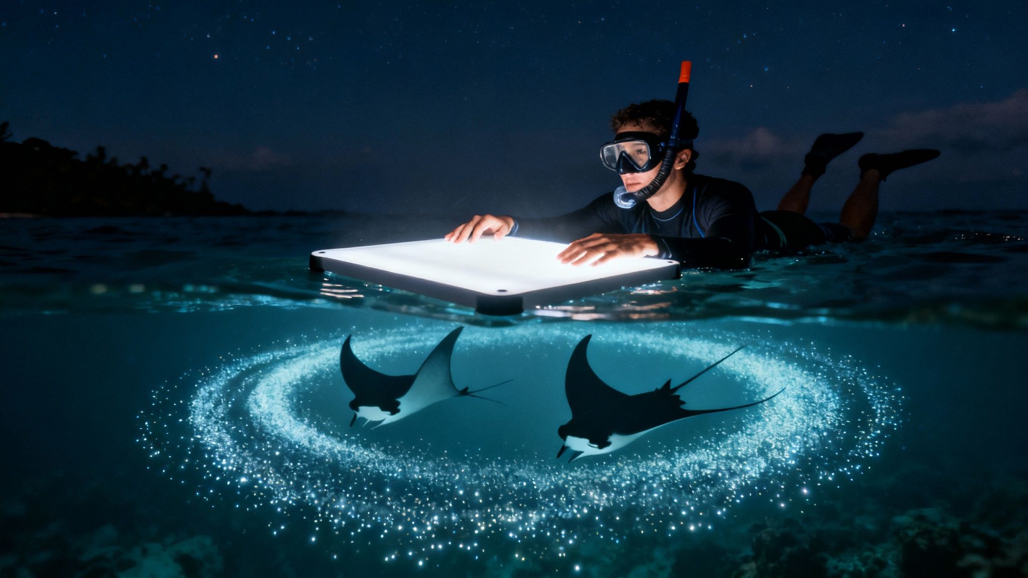 A snorkeler at night observes two manta rays feeding on bioluminescent plankton under a light board.