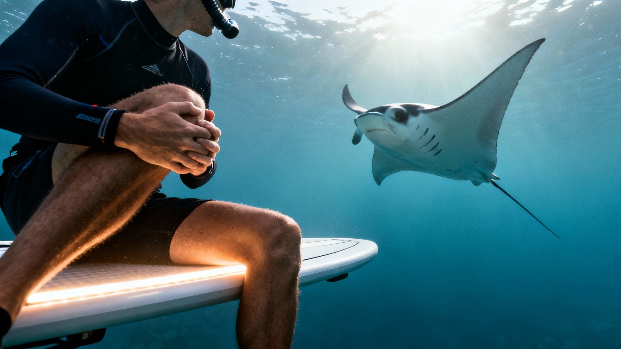 A person snorkeling sits on an illuminated paddleboard, admiring a manta ray in the clear blue sea.