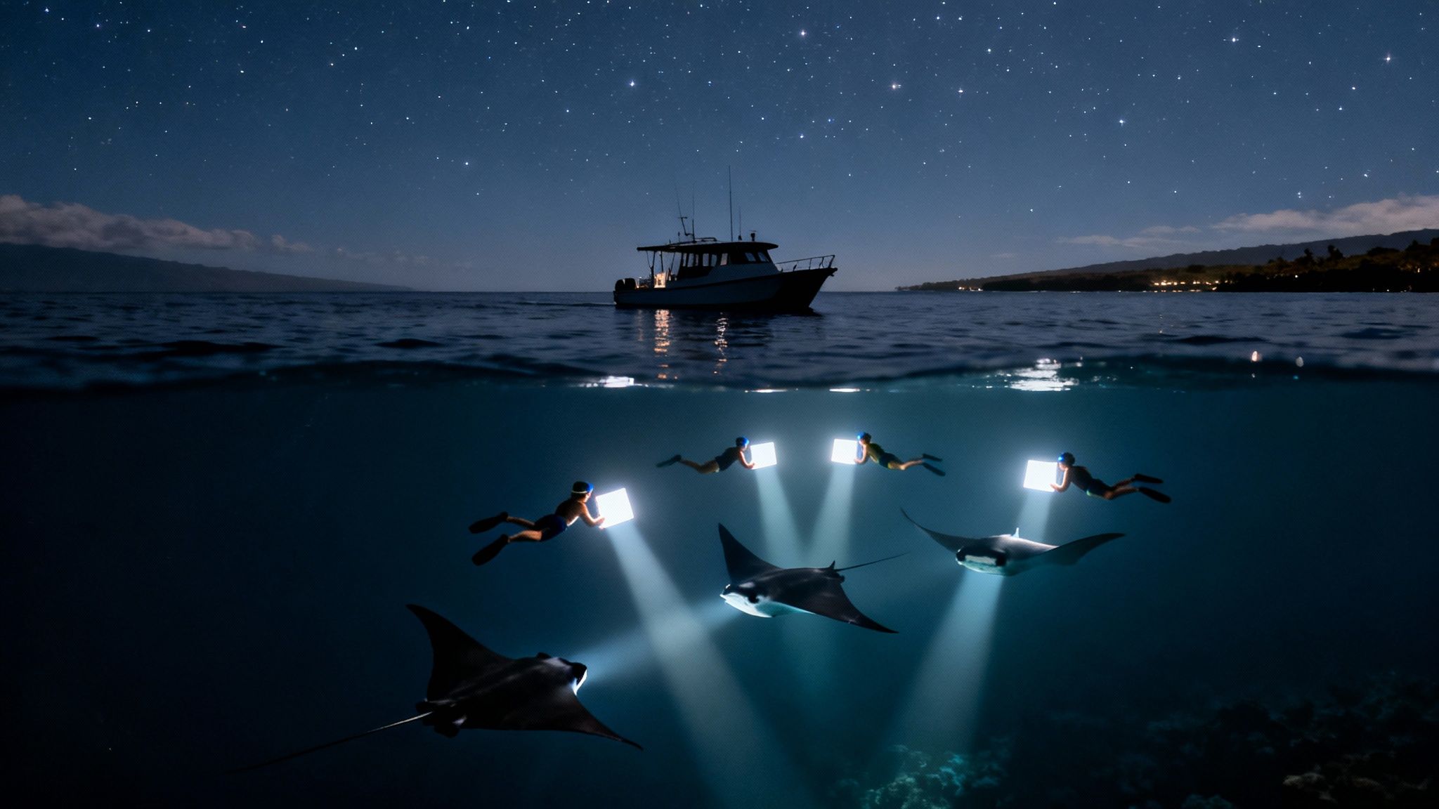 Night split view: divers with lights attract manta rays underwater, with a boat and stars above.