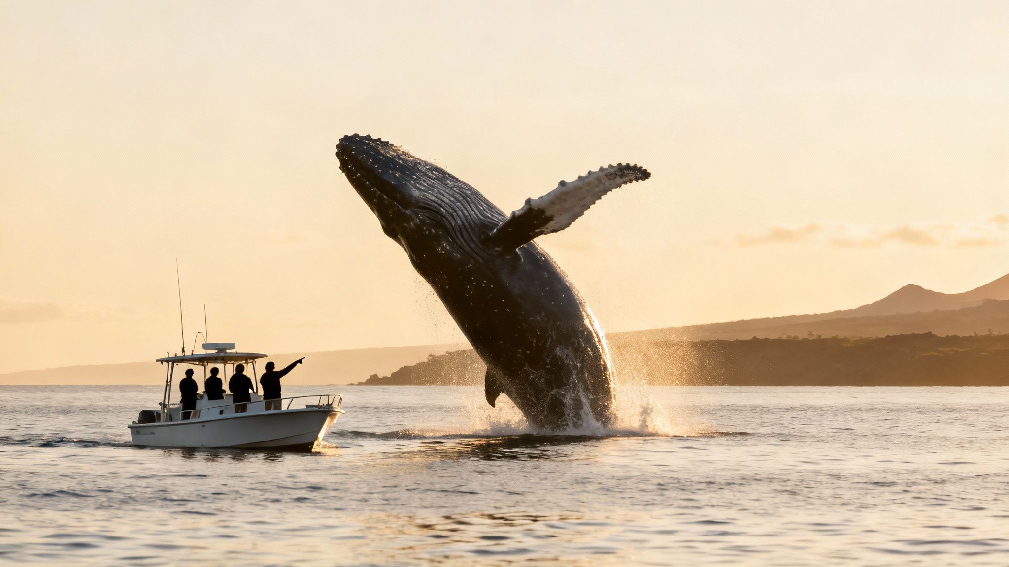 A humpback whale breaching out of the water near a whale watching boat off the Big Island.