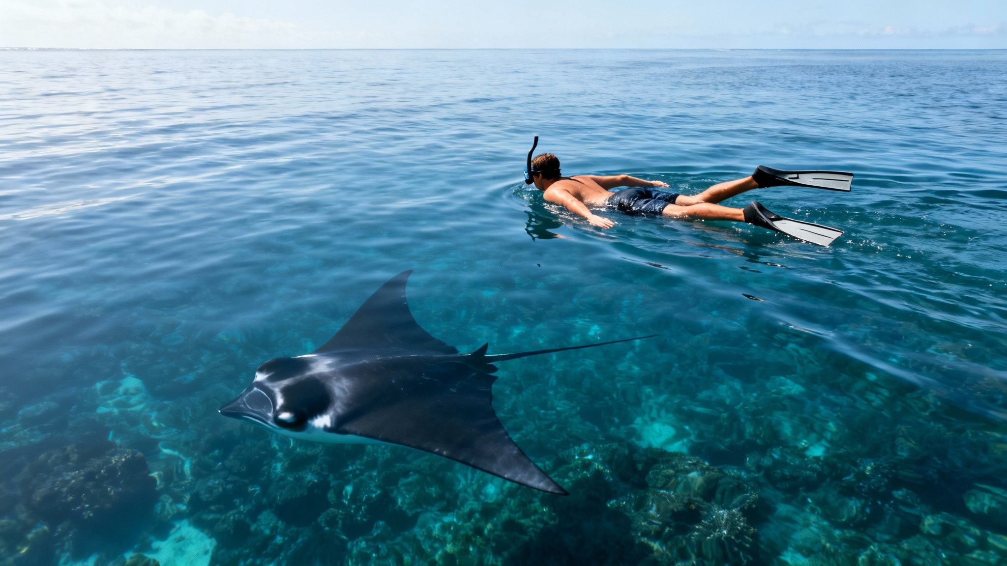 A person snorkeling next to a majestic manta ray in clear blue ocean water over coral.