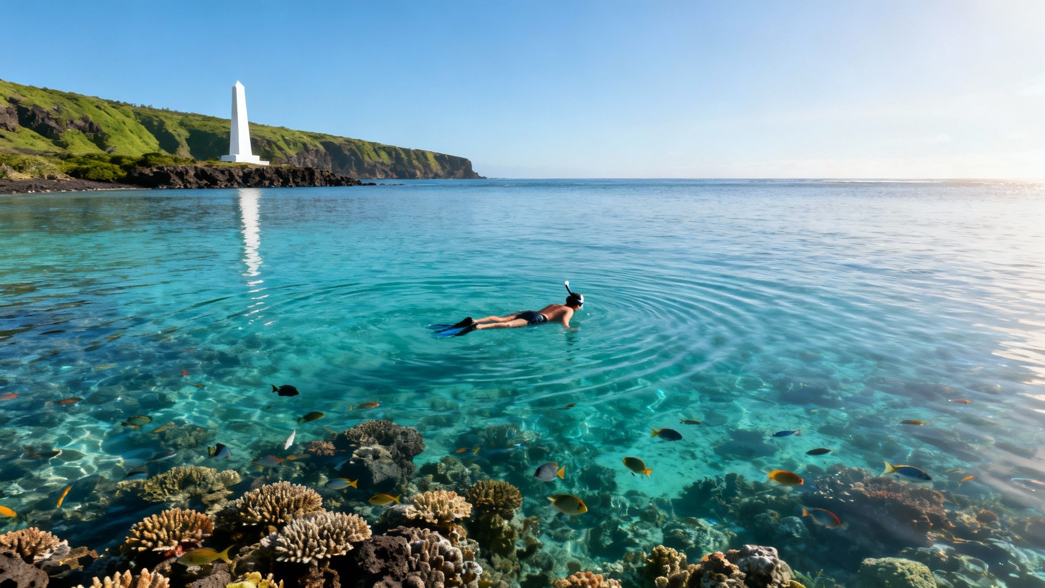 Snorkelers enjoying the clear waters of Kealakekua Bay near the Captain Cook monument in Hawaii.