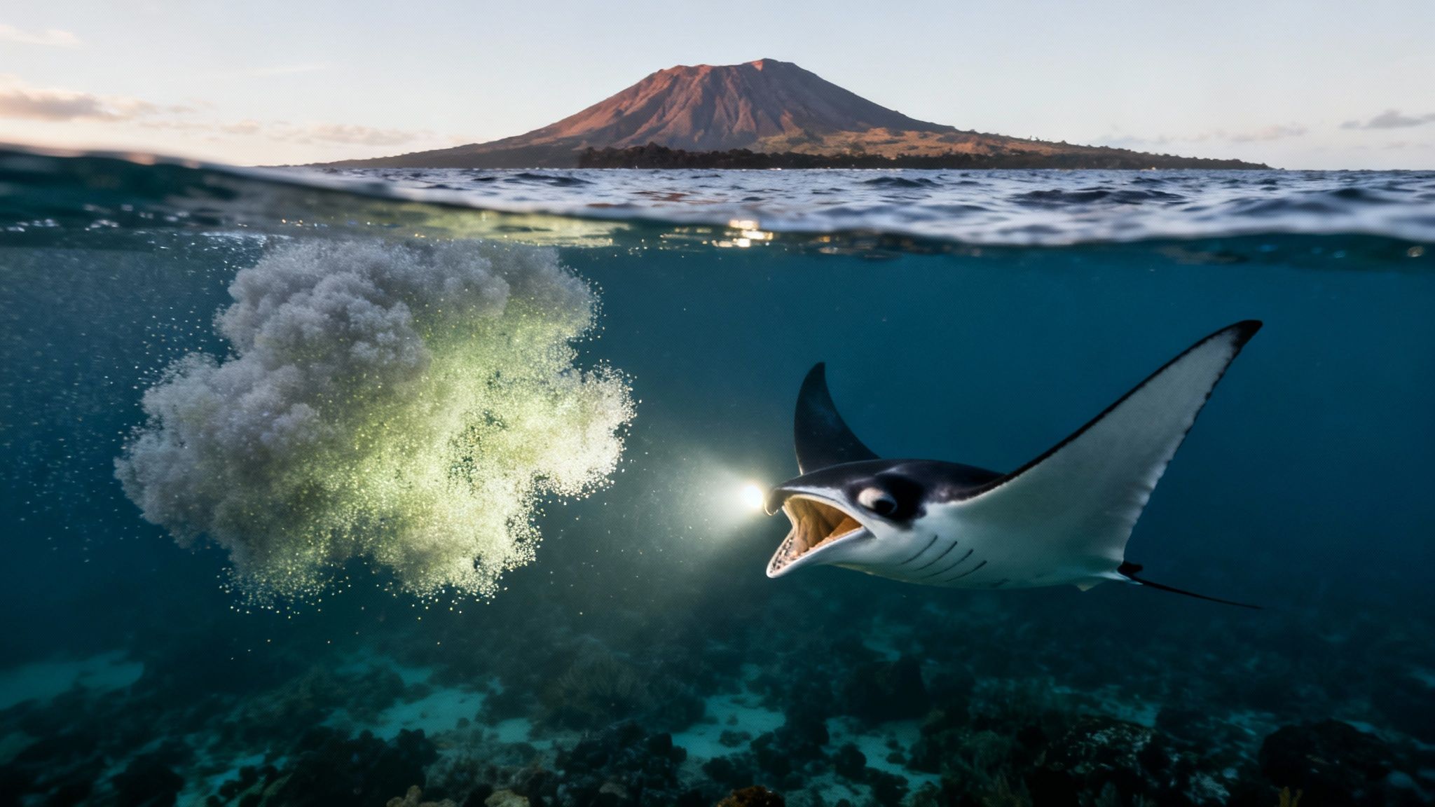 Stunning split shot of a manta ray feeding on glowing plankton near a volcanic island.