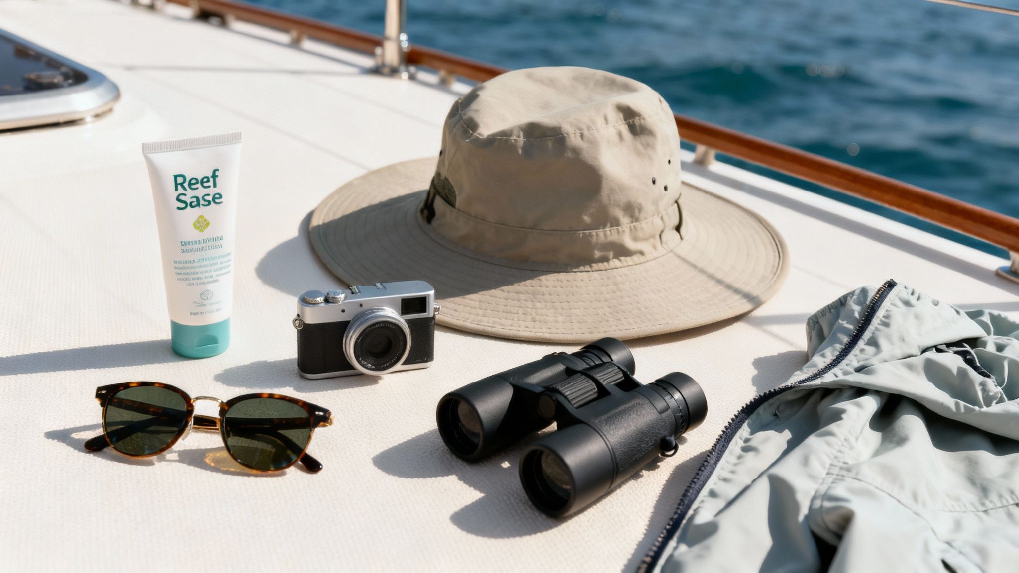 Essentials for a boat trip: sunscreen, hat, camera, binoculars, sunglasses, and jacket on a deck.