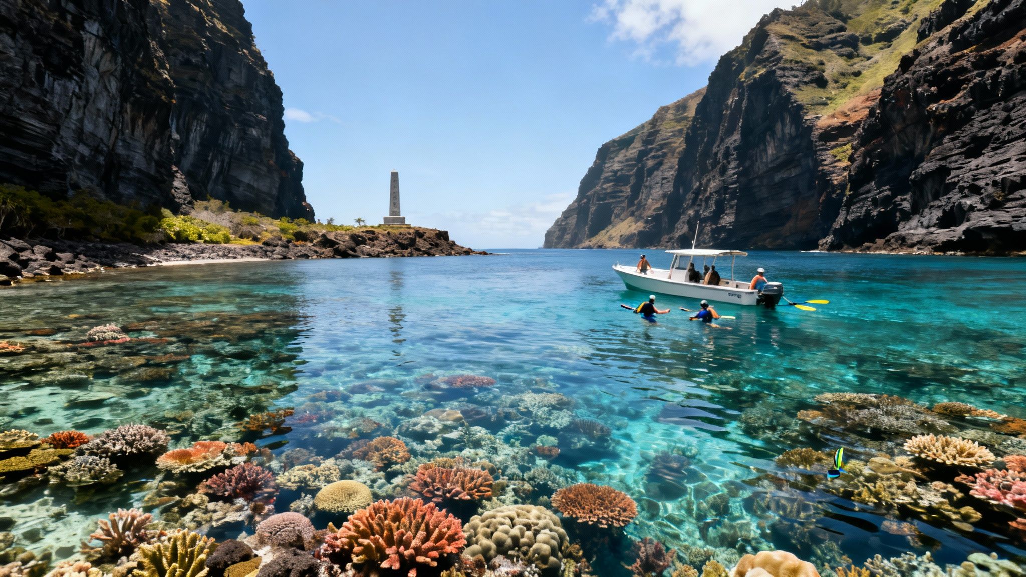 Vibrant coral reef in clear turquoise water with people snorkeling near a boat, cliffs, and a lighthouse.