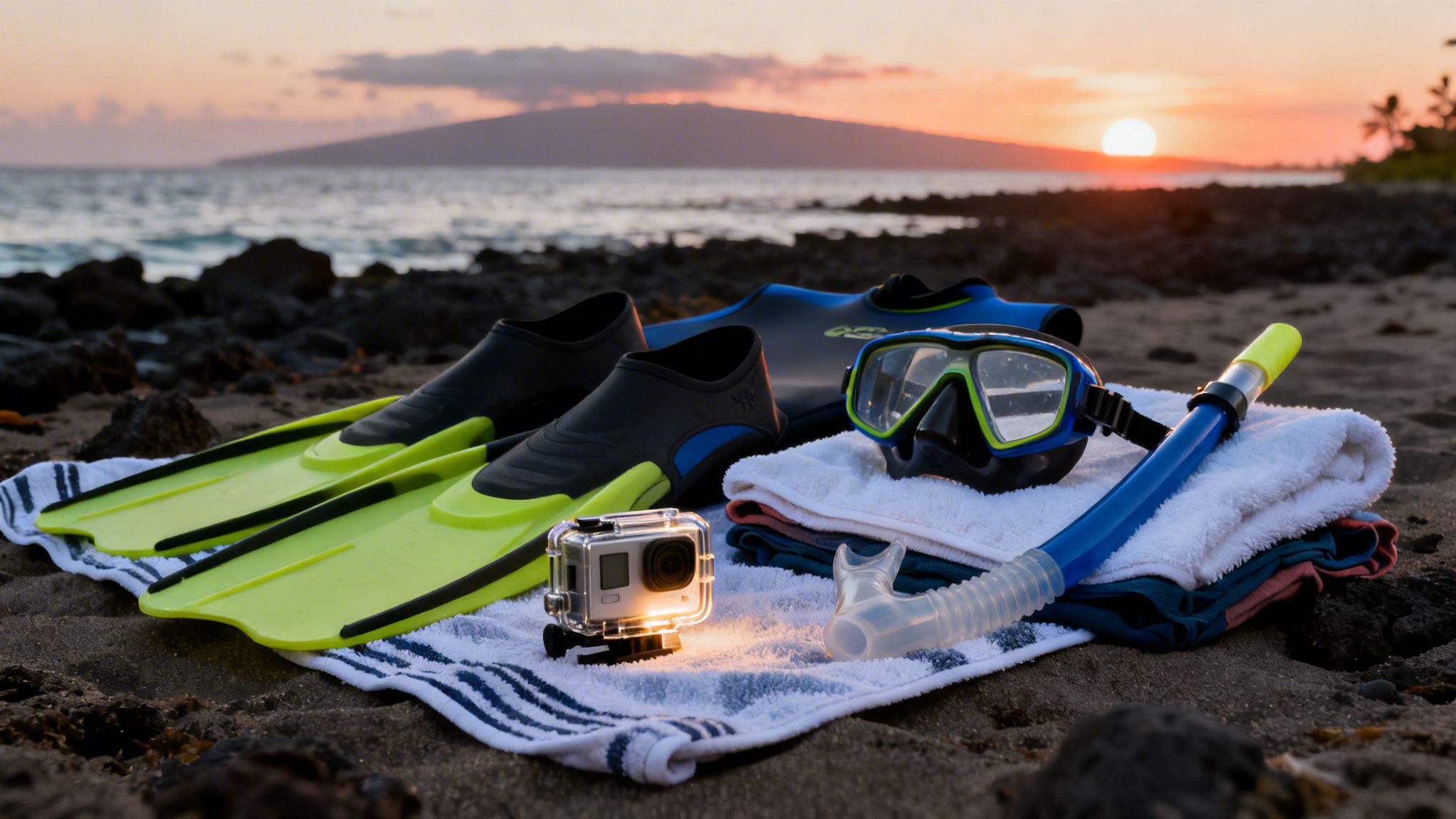 Snorkeling gear including fins, mask, snorkel, and action camera on a beach at sunset.