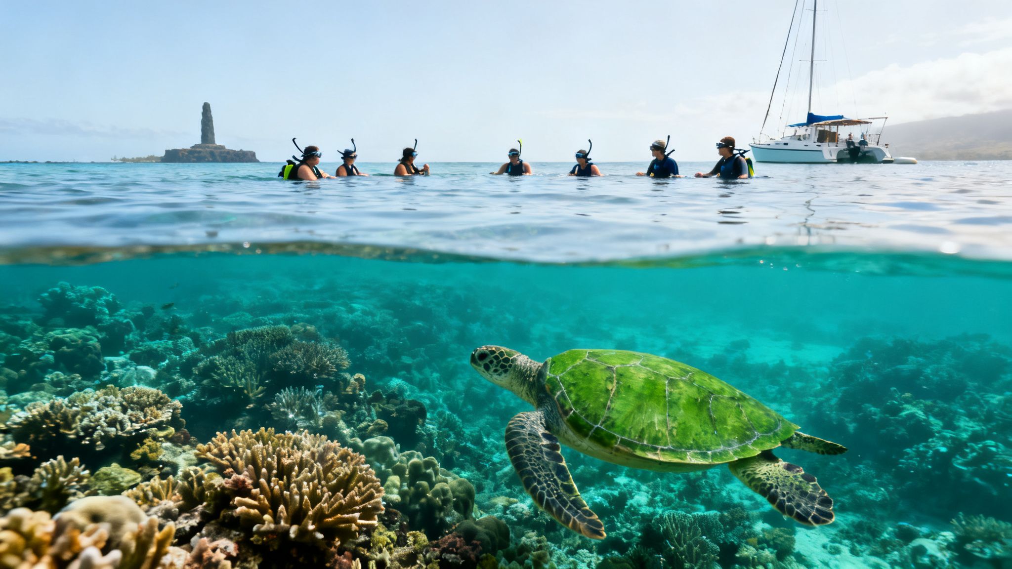 A split view reveals snorkelers on the surface and a sea turtle gliding over vibrant coral reefs below.
