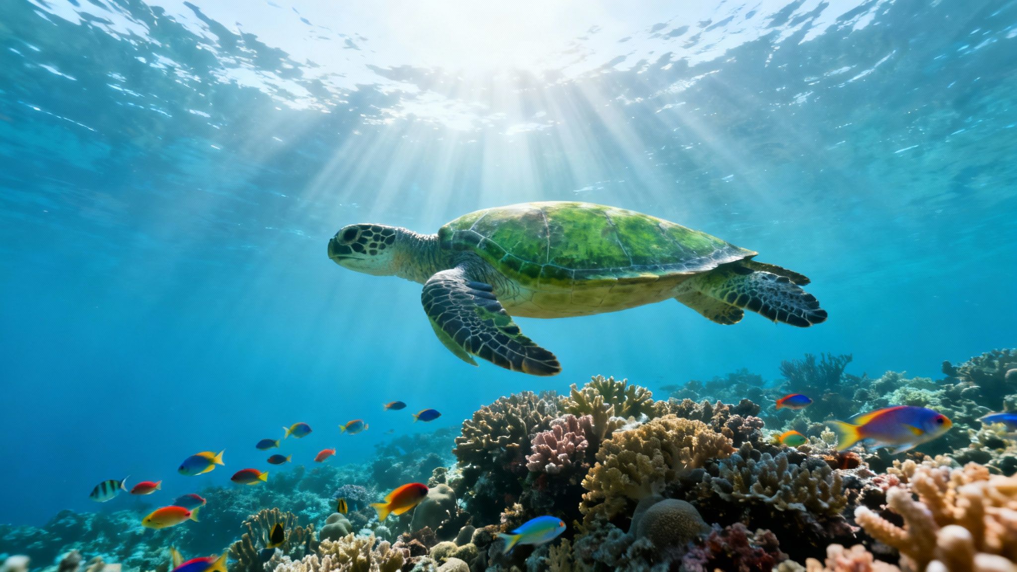A vibrant green sea turtle swims gracefully over a colorful coral reef teeming with fish under bright sun rays.