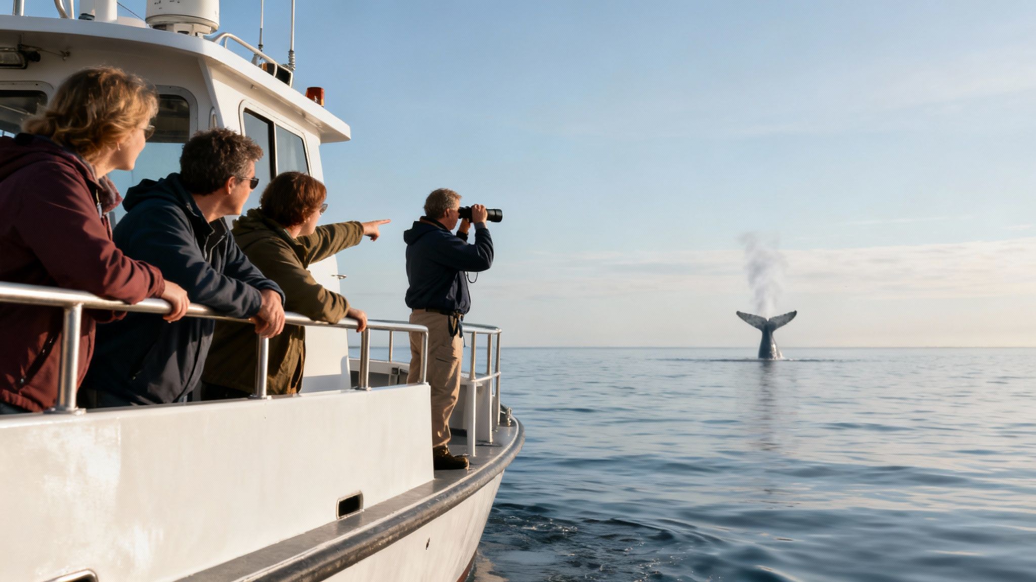People on a whale watching boat observing a whale's tail and spout in the ocean.