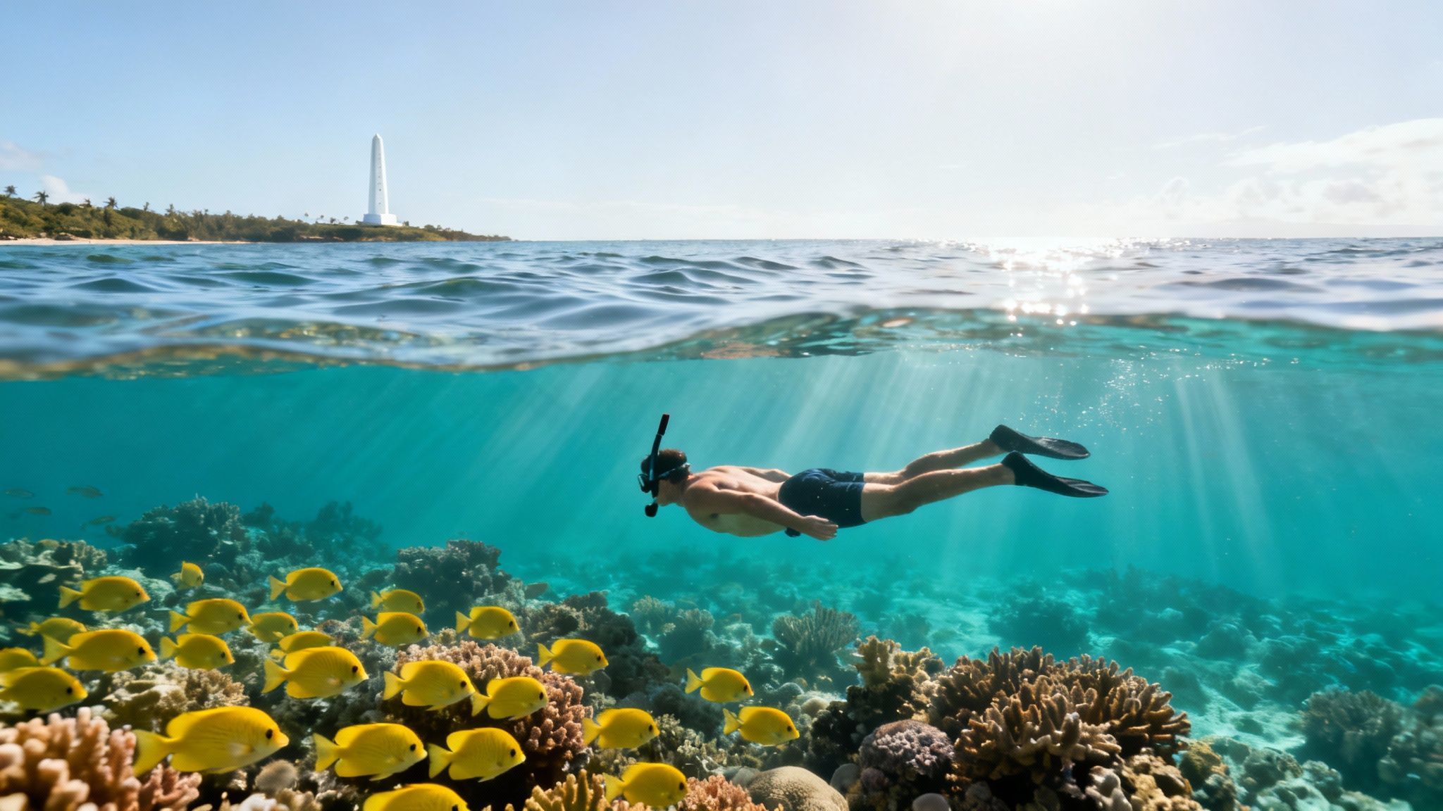A man snorkeling in clear blue water with yellow fish and coral reefs, with a lighthouse and island above the surface.