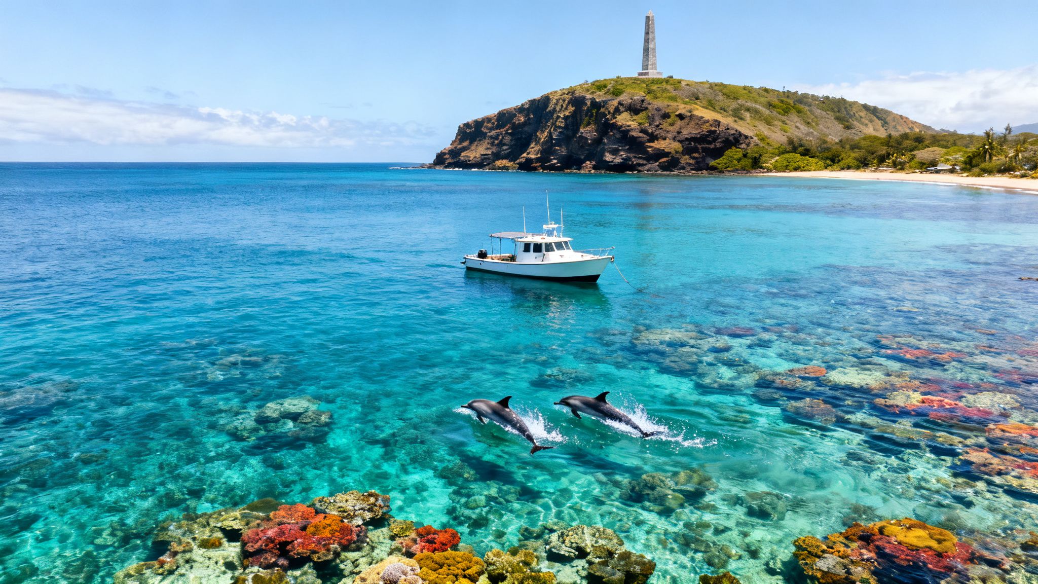Two dolphins leap above vibrant coral reefs in clear blue tropical water with a boat and island.