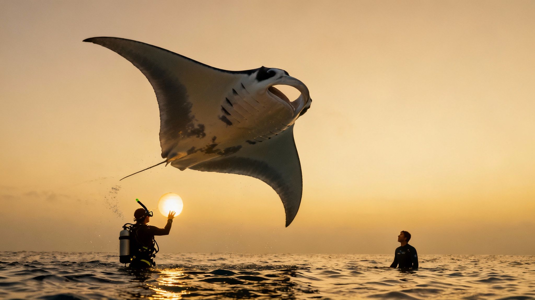 A diver holds a glowing orb as a manta ray leaps from the water at sunset, with another person watching.