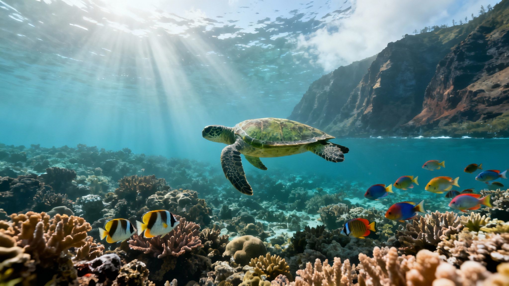 A vibrant school of yellow tang fish swimming over a coral reef in Kealakekua Bay.