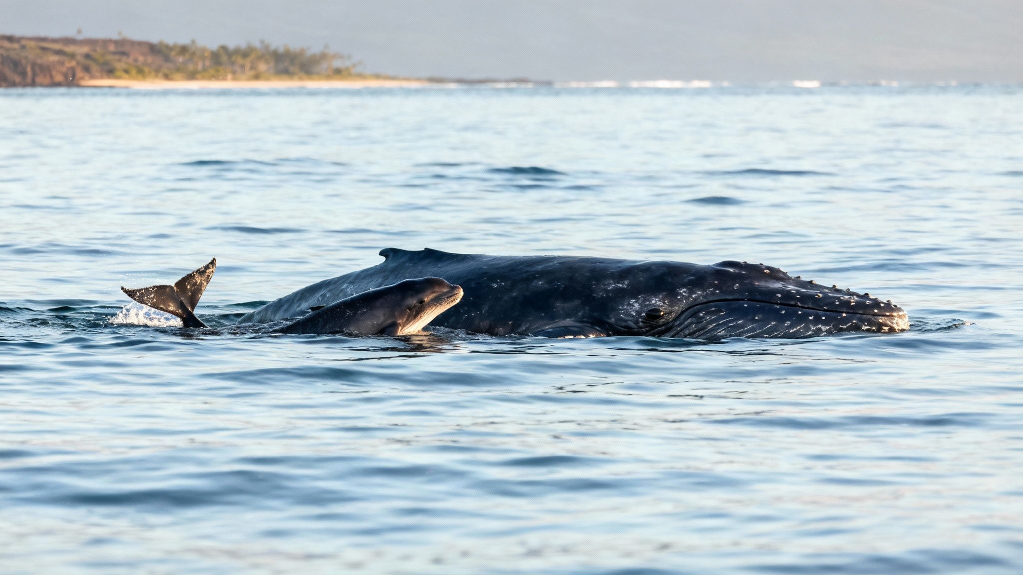 Mother humpback whale and her calf surface in the ocean near a tropical island.