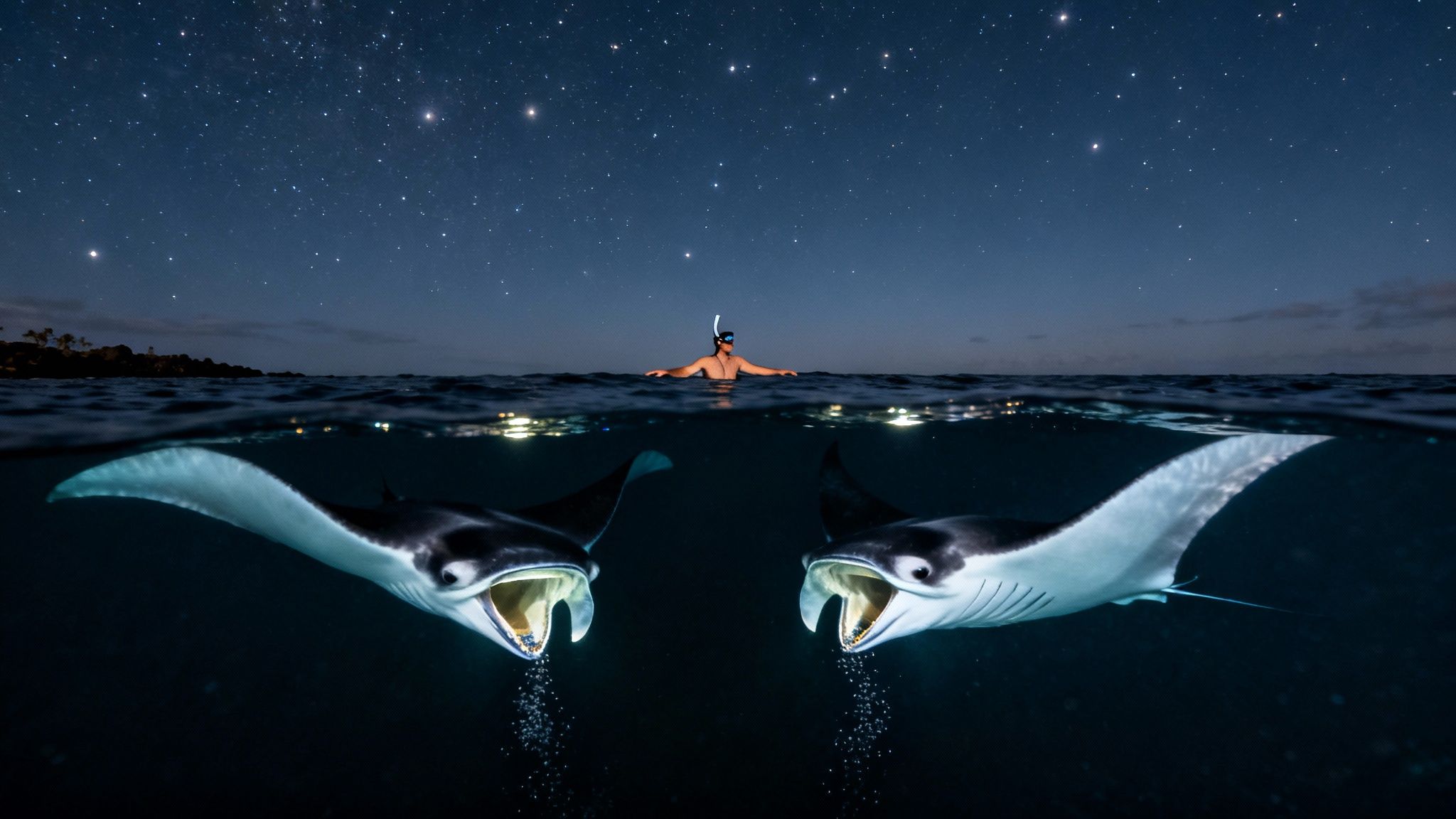 A split-level shot of a snorkeler watching two manta rays feeding under a starry night sky.