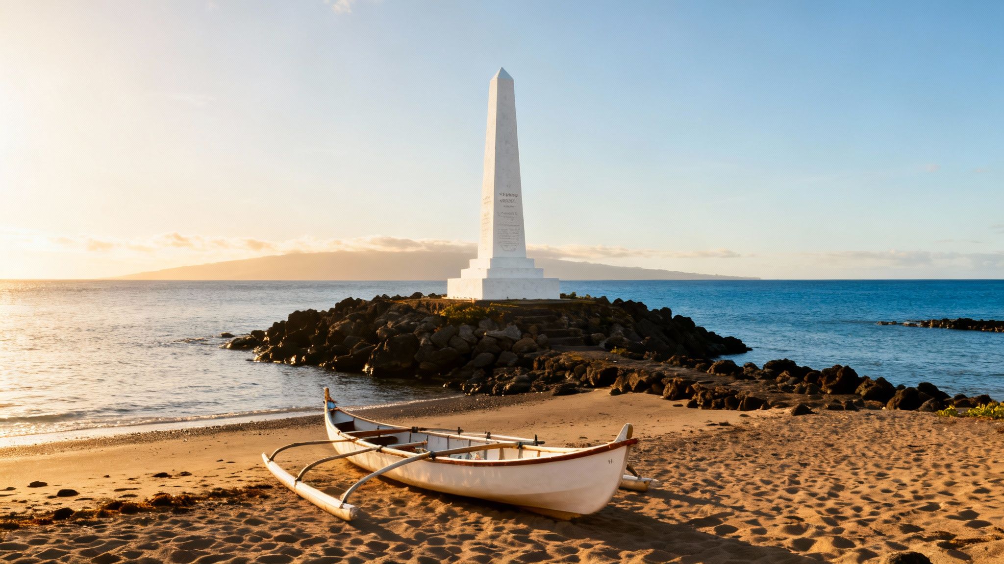 Captain Cook Monument on a rocky point, with a traditional outrigger canoe on a golden beach.
