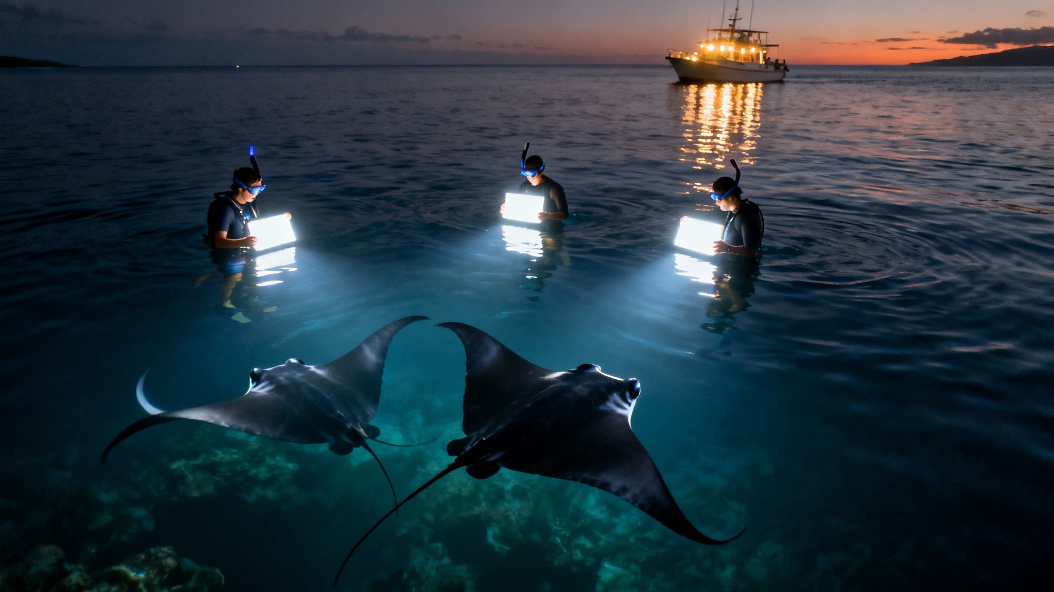 People night snorkeling with illuminated boards, watching two manta rays swim under them in the ocean.