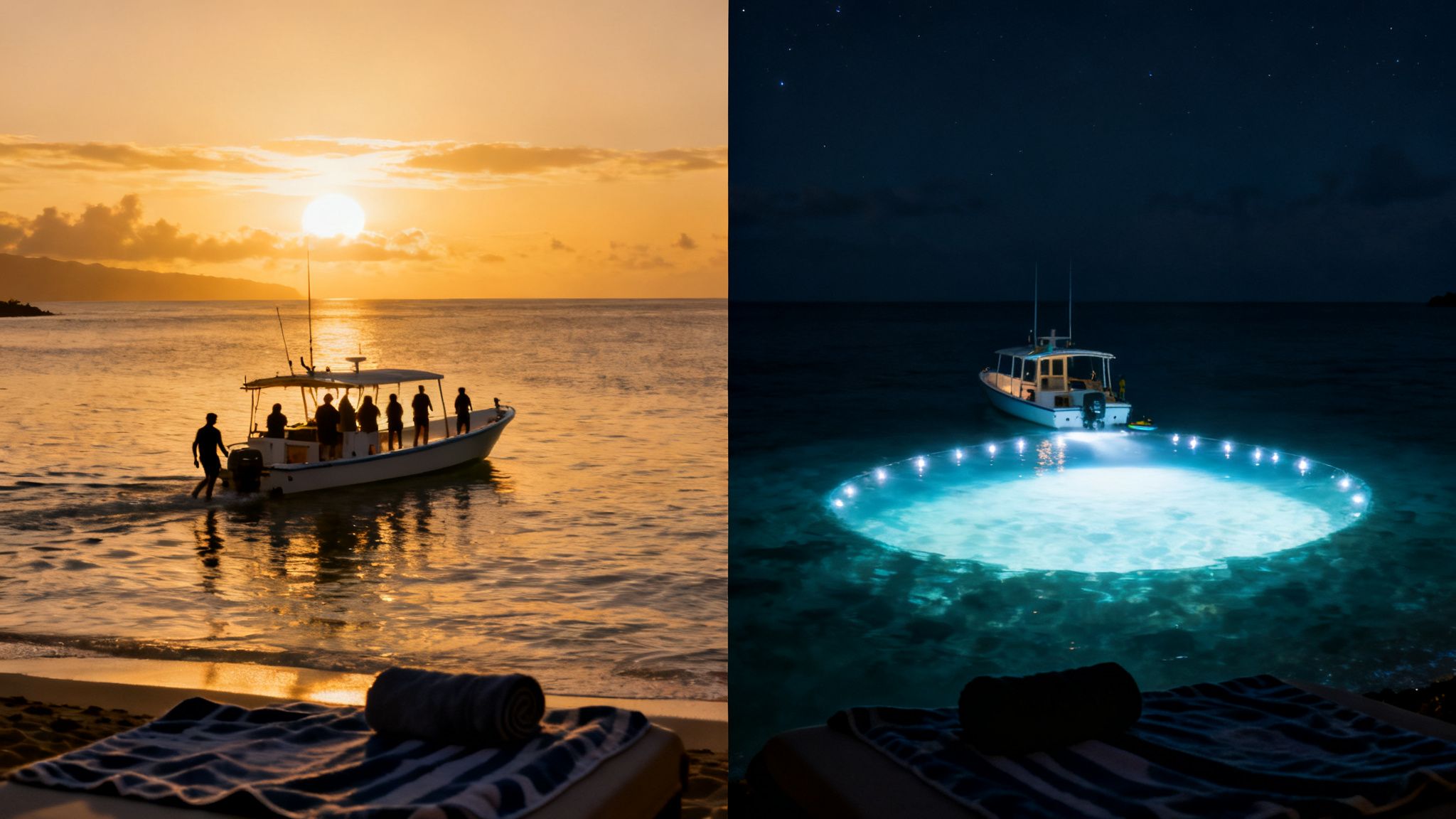 A split image shows a boat at golden sunset and at night with luminous blue underwater lights.