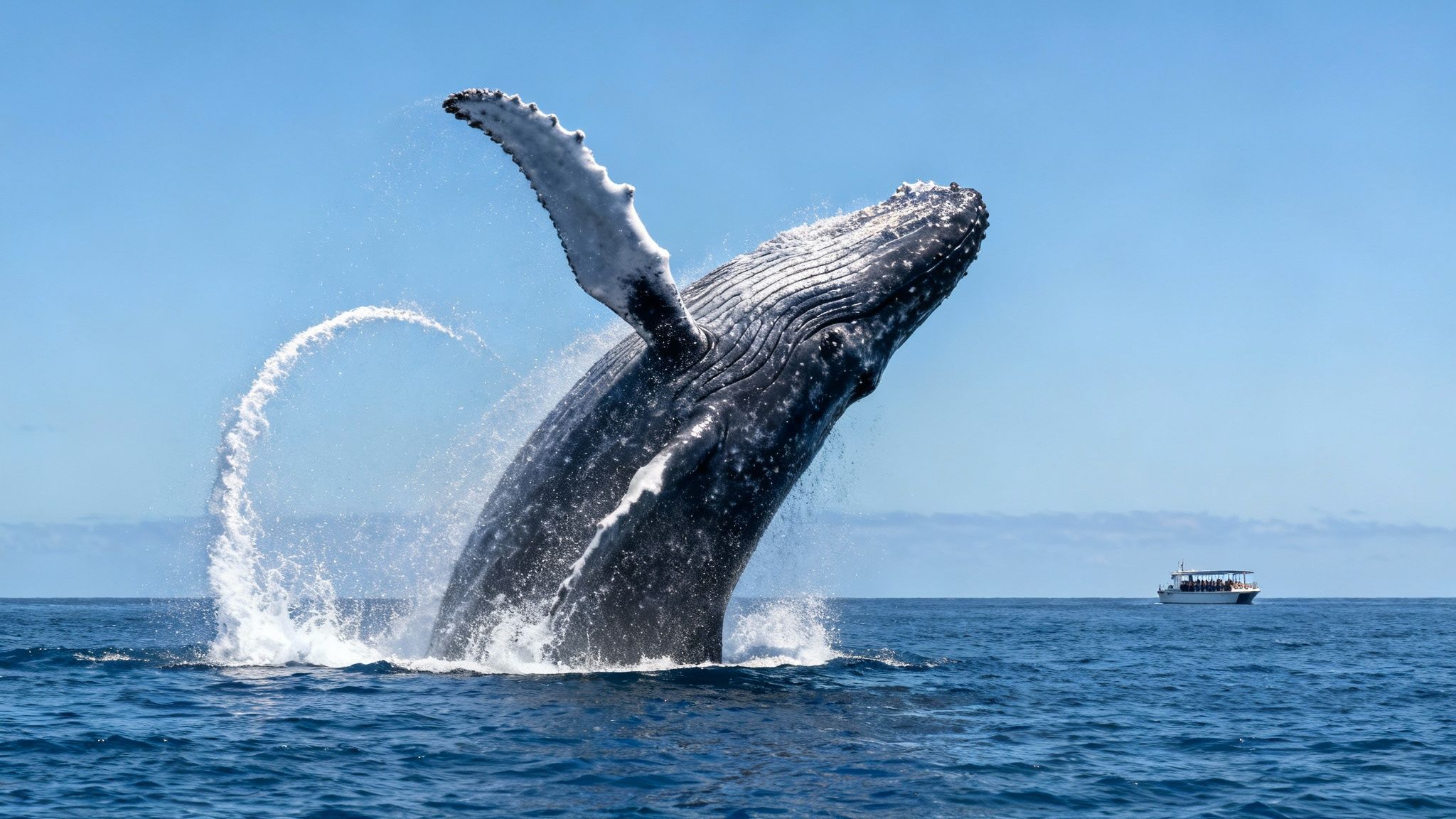 A magnificent humpback whale breaches high out of the deep blue ocean, splashing water, with a distant whale-watching boat.