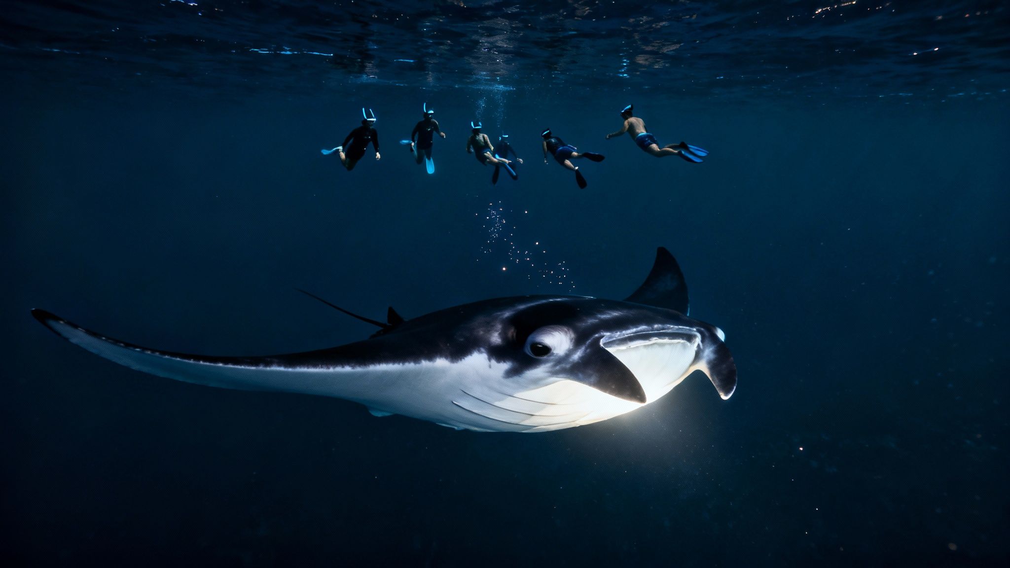Group of snorkelers swimming above a majestic manta ray in clear ocean waters, illuminated by light.
