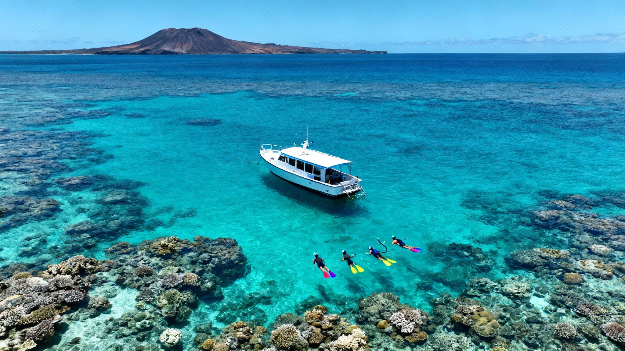 Snorkelers exploring vibrant coral reef near yacht with volcanic island background in Hawaii