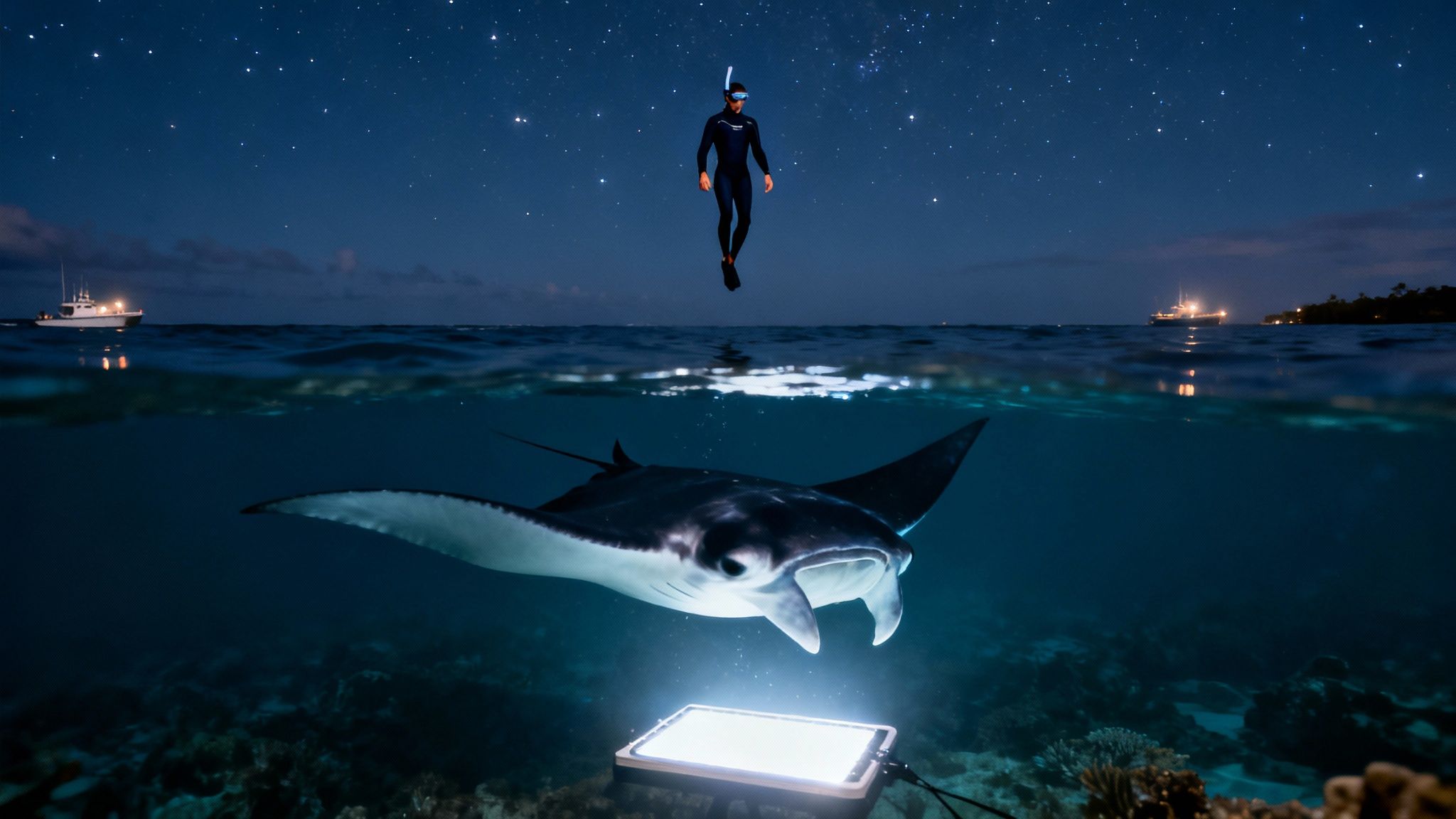 Stunning split image of a freediver and a manta ray at night under a starry sky.