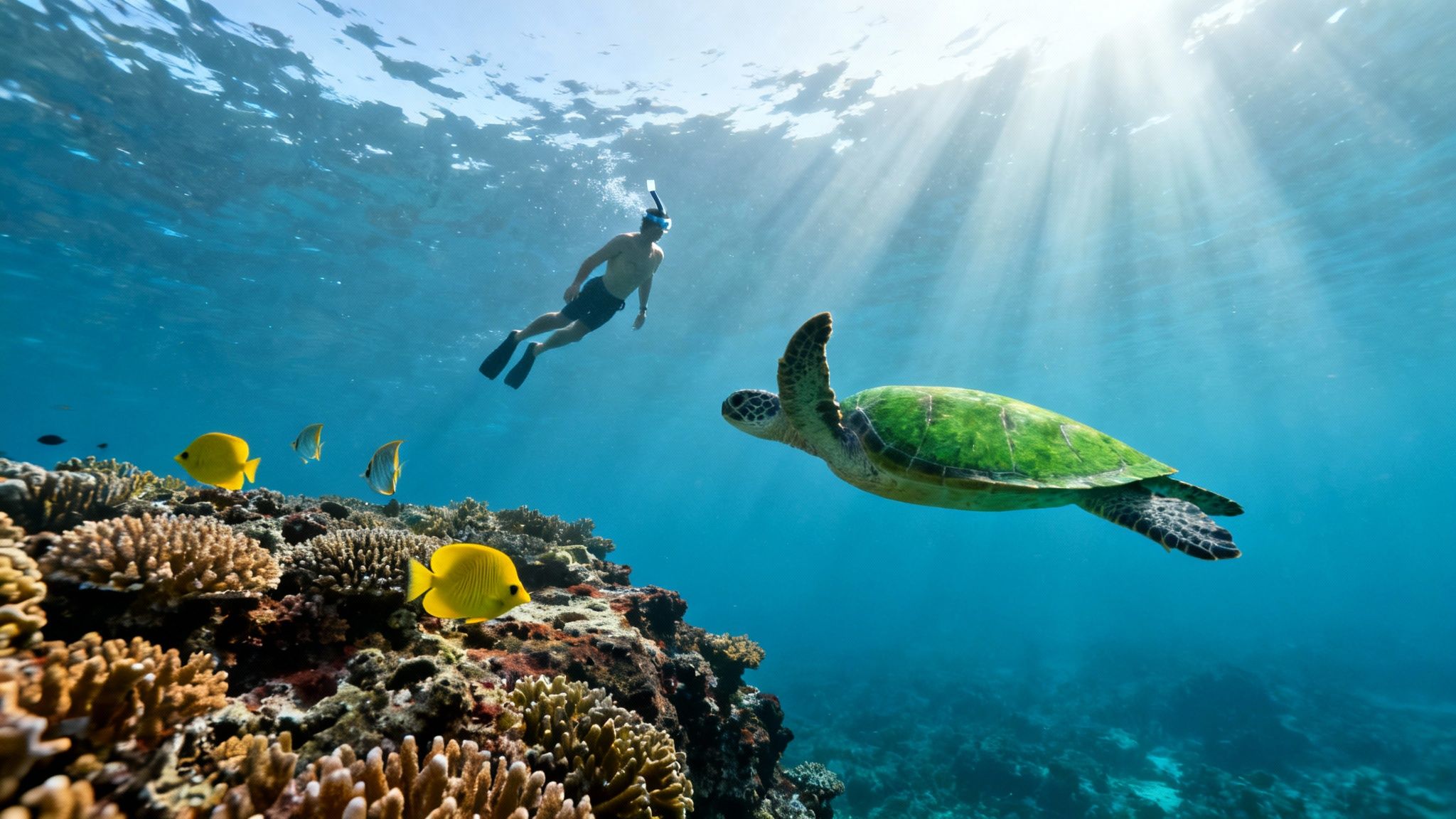 Man snorkeling underwater with a green sea turtle and yellow fish over a vibrant coral reef.