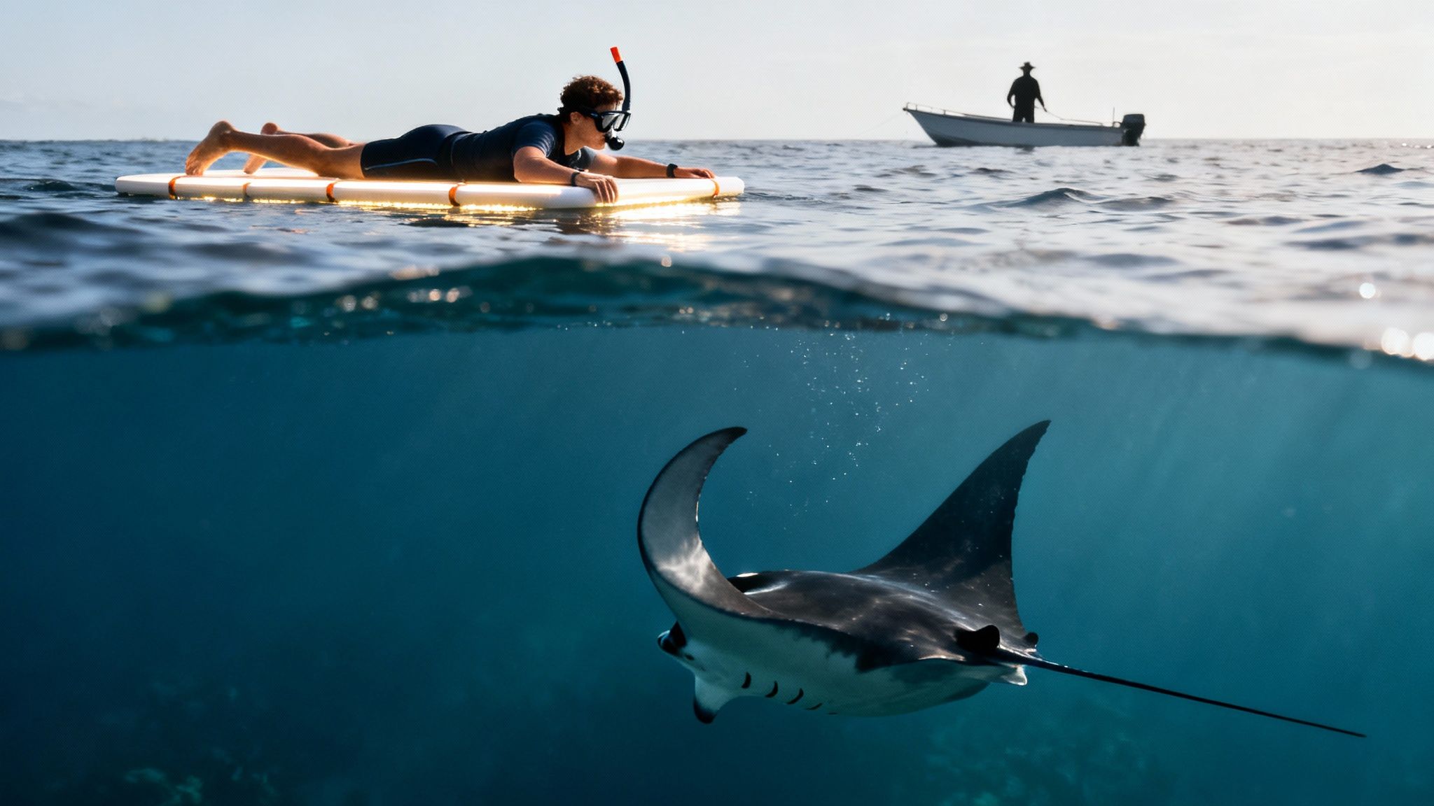 Person on a lighted float snorkels above a large manta ray in clear blue ocean water.
