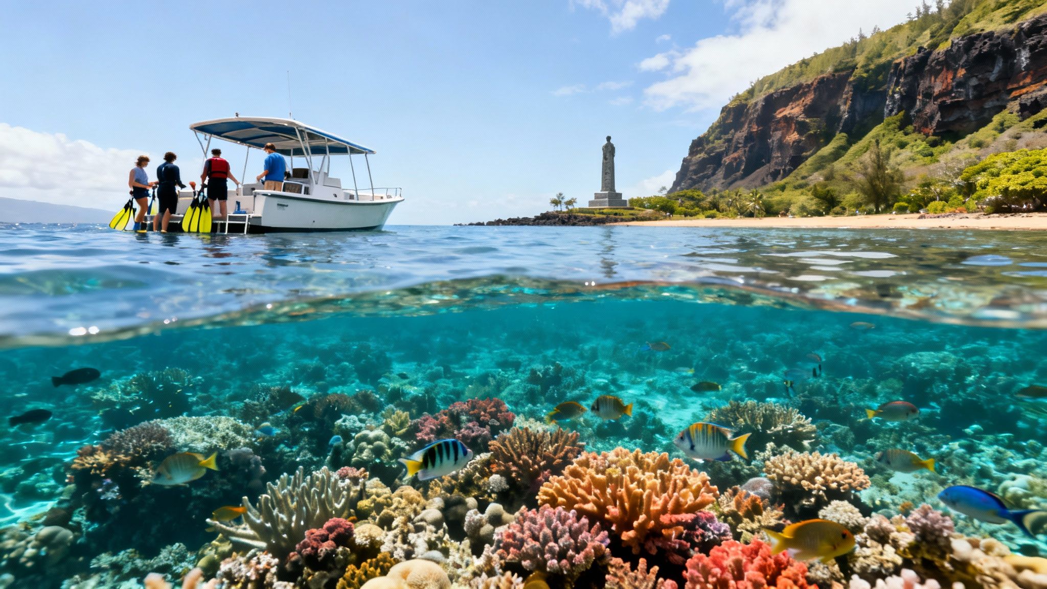 Above and below water view of snorkelers, a boat, a tropical beach, and vibrant coral reef with fish.
