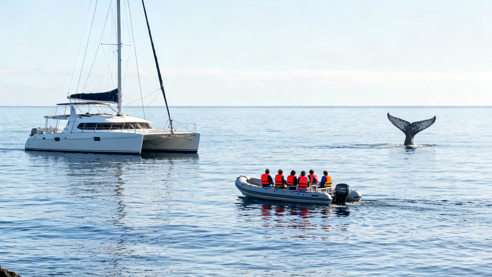 Tourists in an inflatable boat observe a whale's tail near a large catamaran at sea.