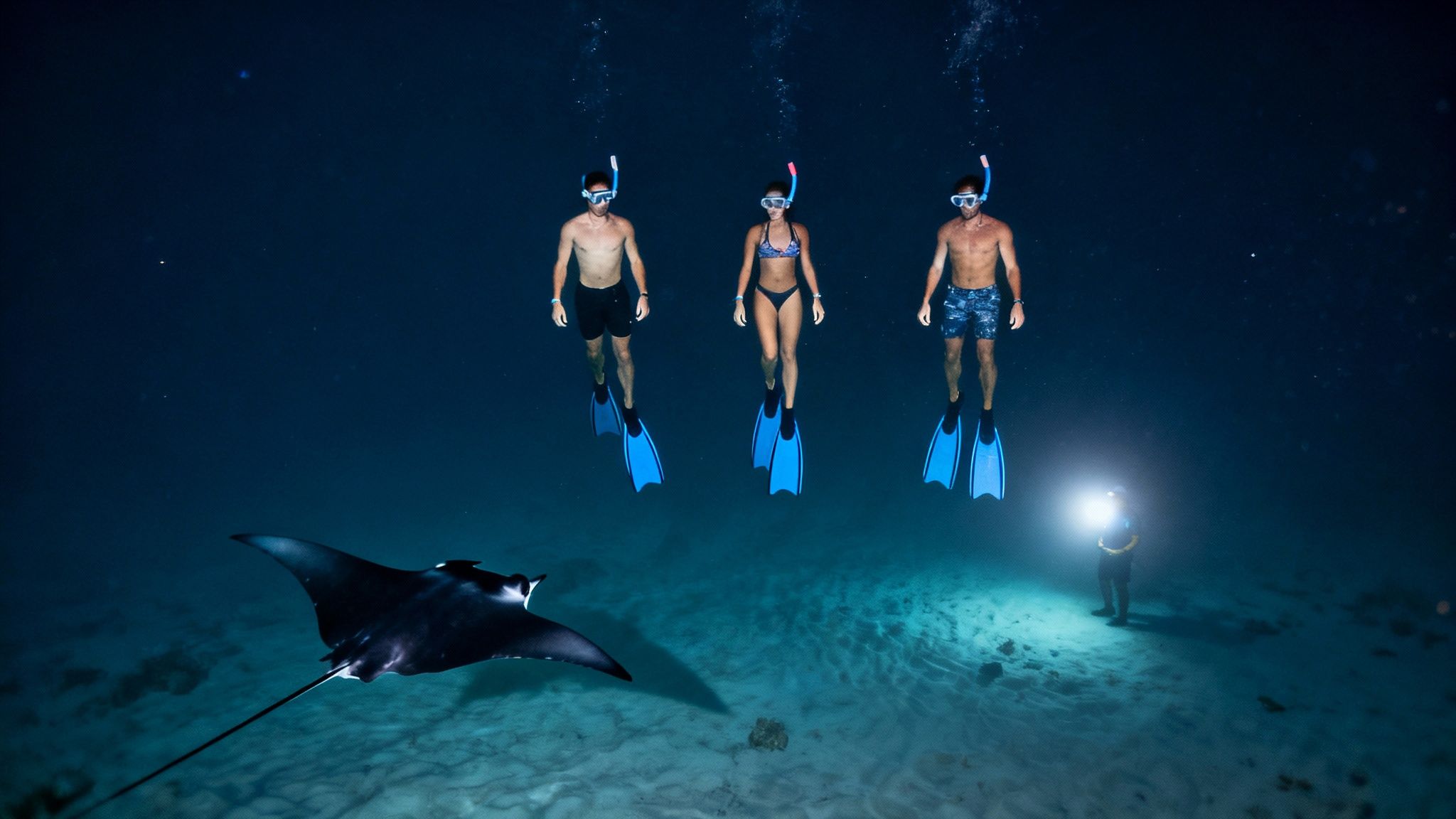 A close-up shot of a manta ray gracefully swimming near snorkelers in the dark waters of Kona