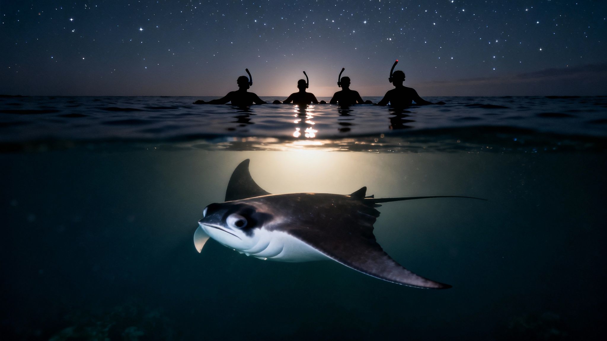 Silhouetted snorkelers under a starry night sky observe a graceful manta ray swimming in clear water.