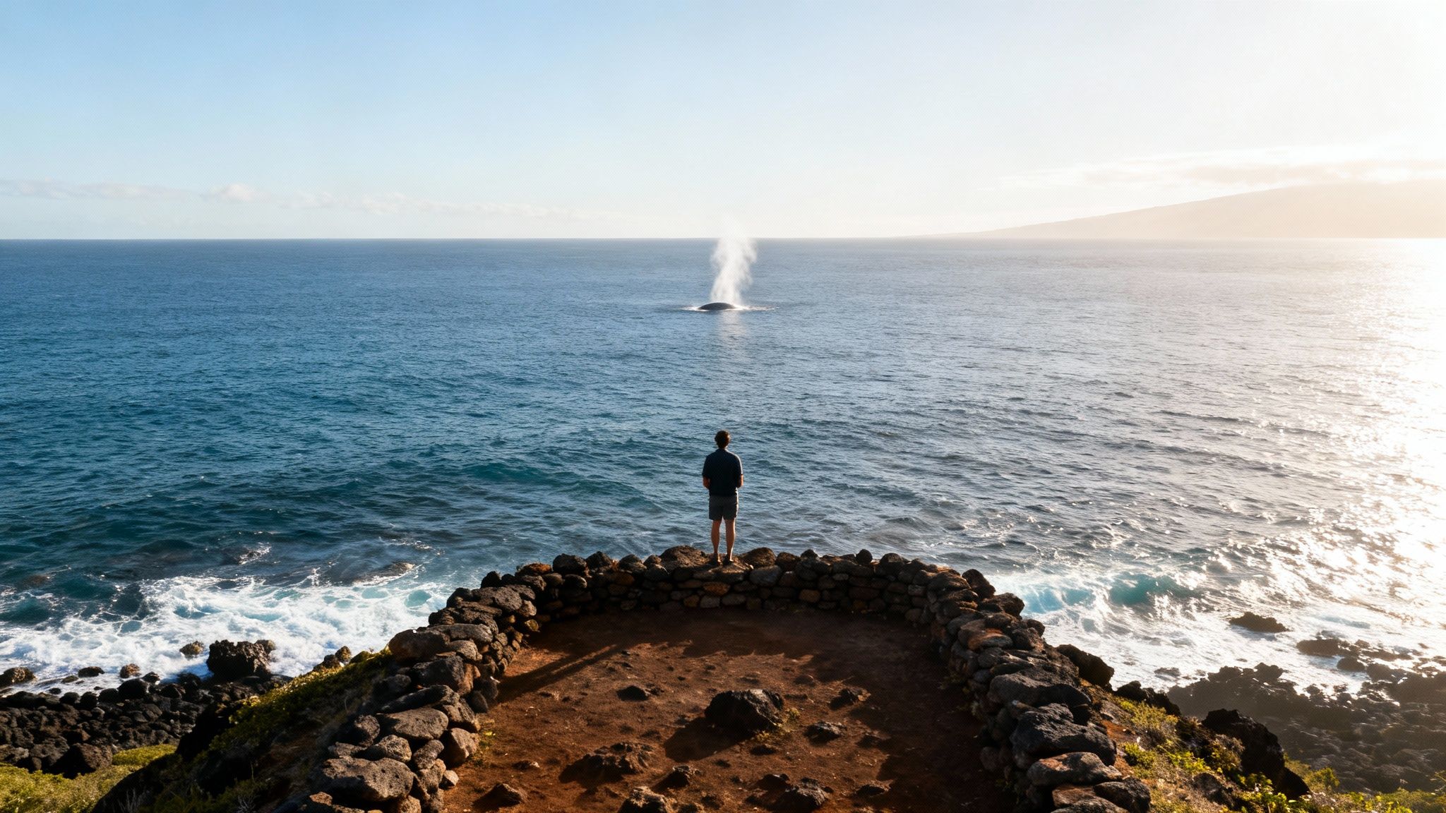 Person standing on rocky coastal outcrop watching humpback whale spouting water in ocean