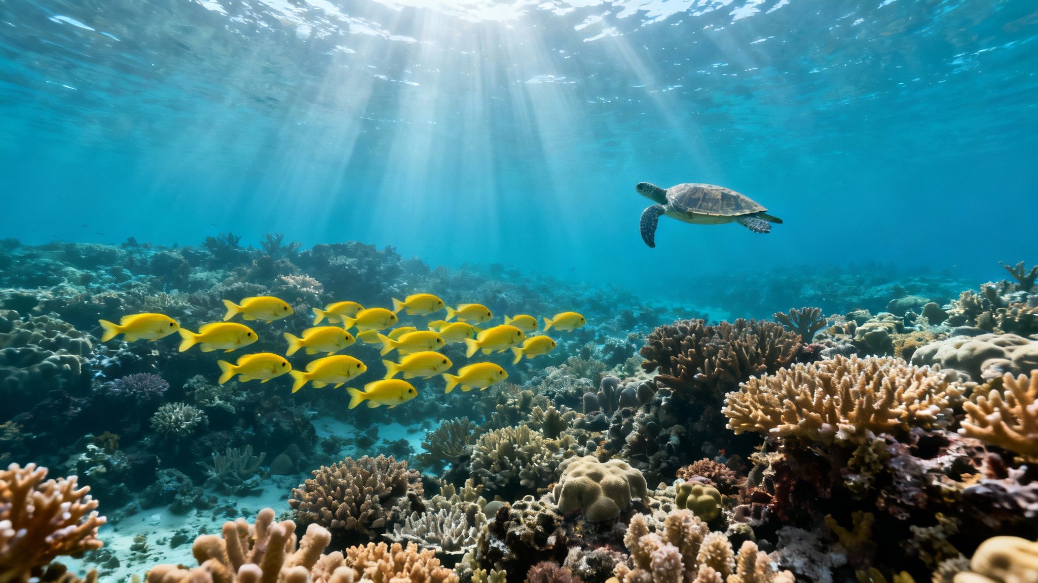 A vibrant underwater scene with a sea turtle swimming over a coral reef alongside a school of yellow fish and sun rays.