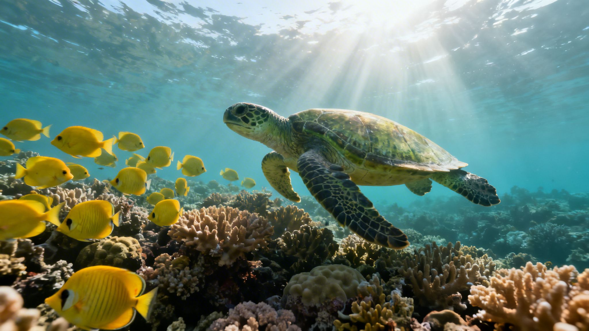 Green sea turtle swims over a vibrant coral reef, accompanied by a school of yellow fish, bathed in sunlit ocean.