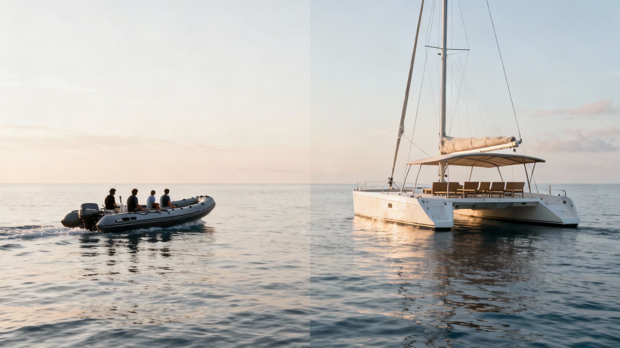 Four people on a motorboat cruise towards a large white catamaran on calm ocean waters.
