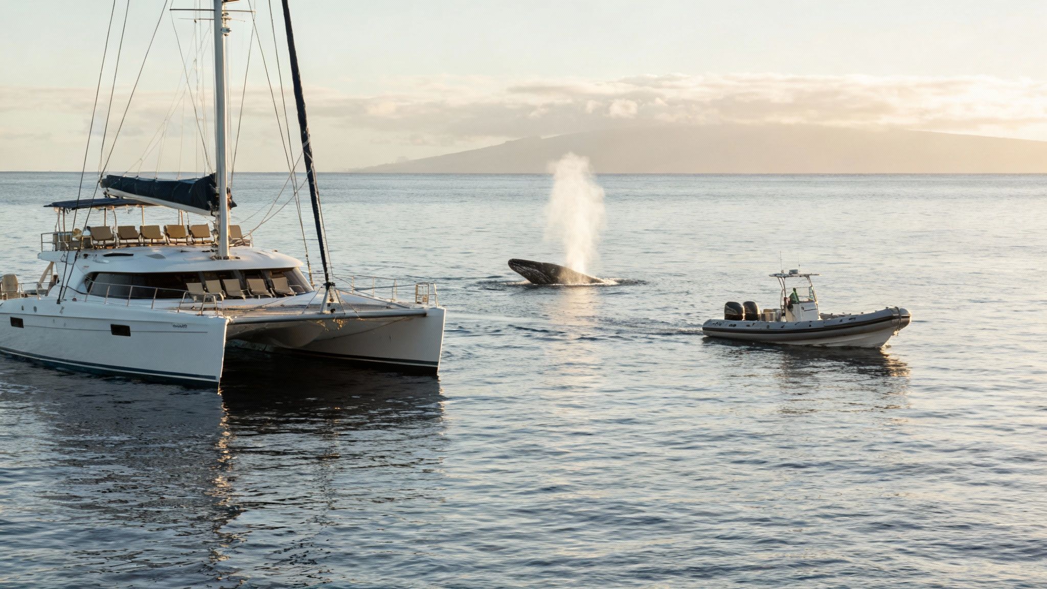 A small whale watching tour boat gets a close view of a breaching humpback whale off the Kona coast.