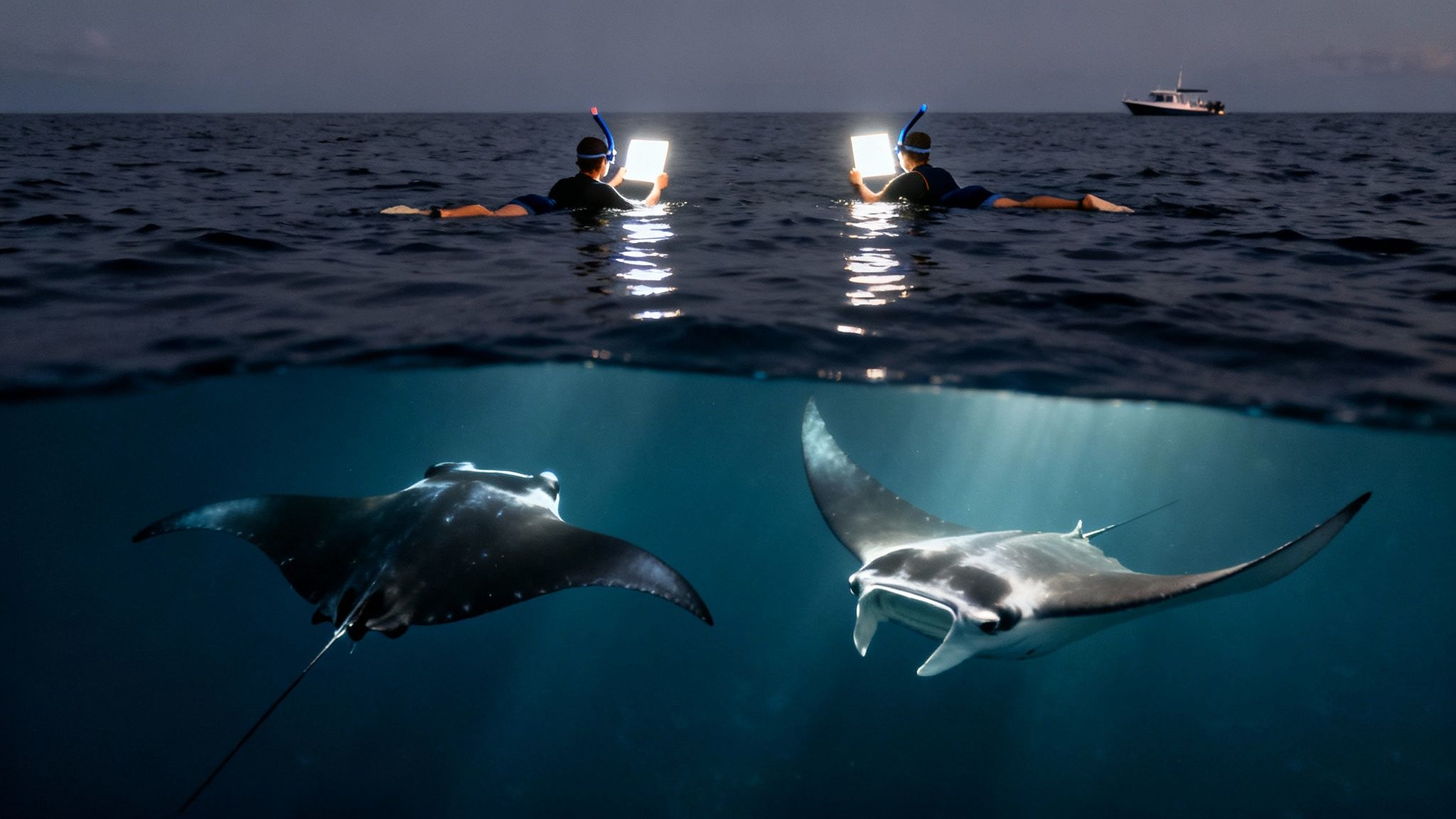 Two snorkelers with bright lights attract majestic manta rays at night in a stunning split-level ocean view.