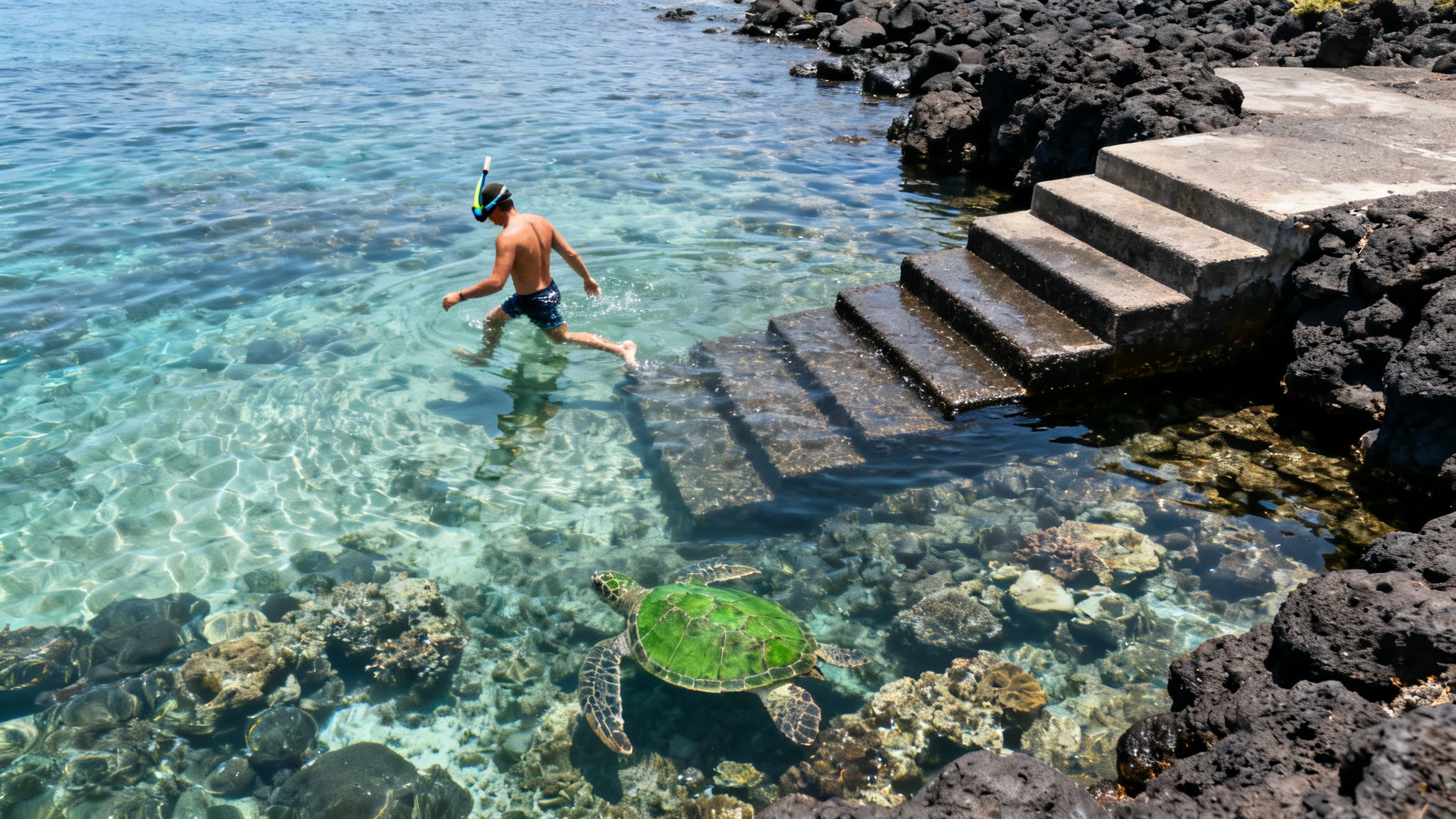 A man with a snorkel mask steps into clear blue water, a green sea turtle swims nearby.