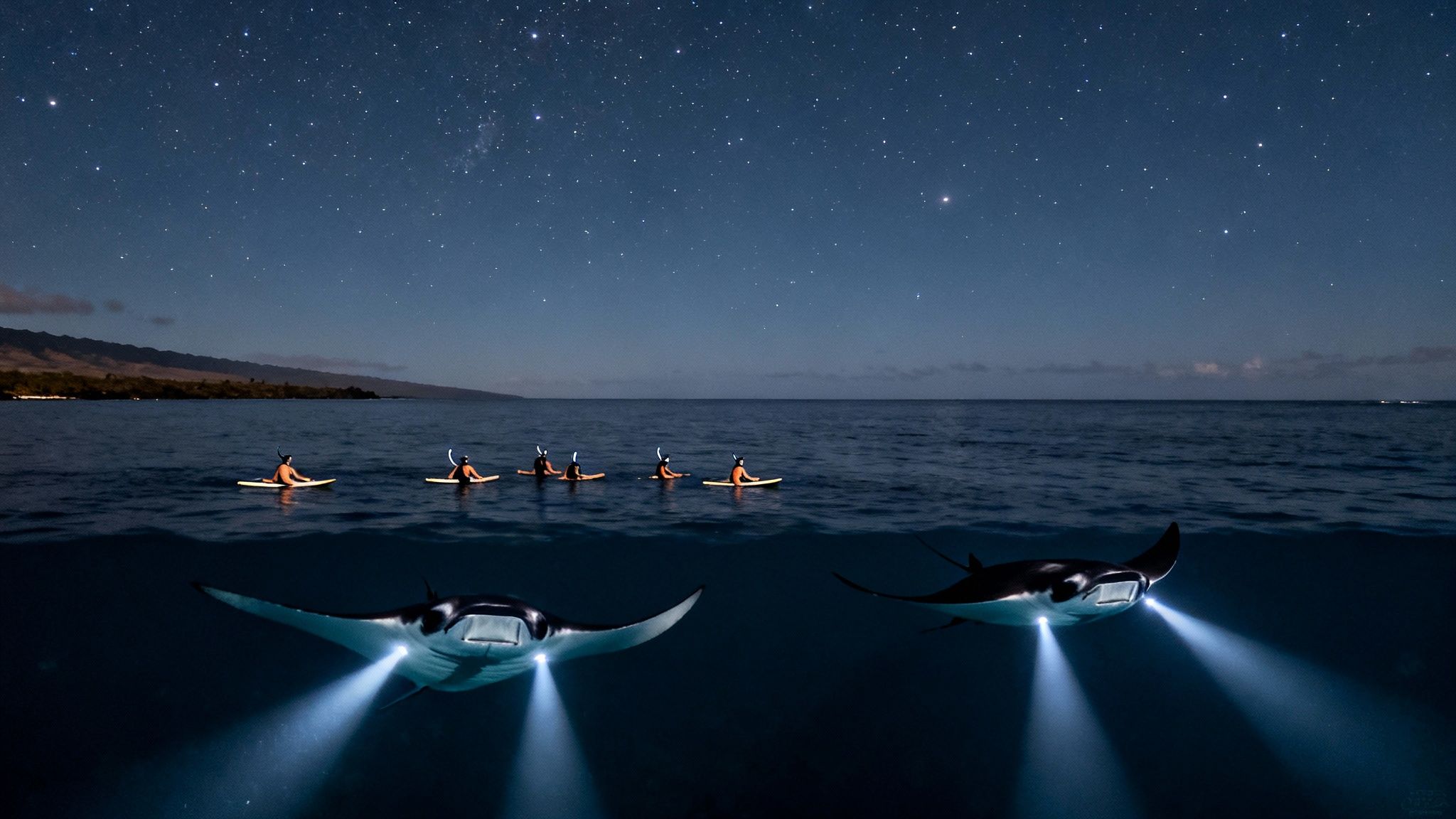People on the ocean surface watch illuminated manta rays during a night snorkel under a starry sky.