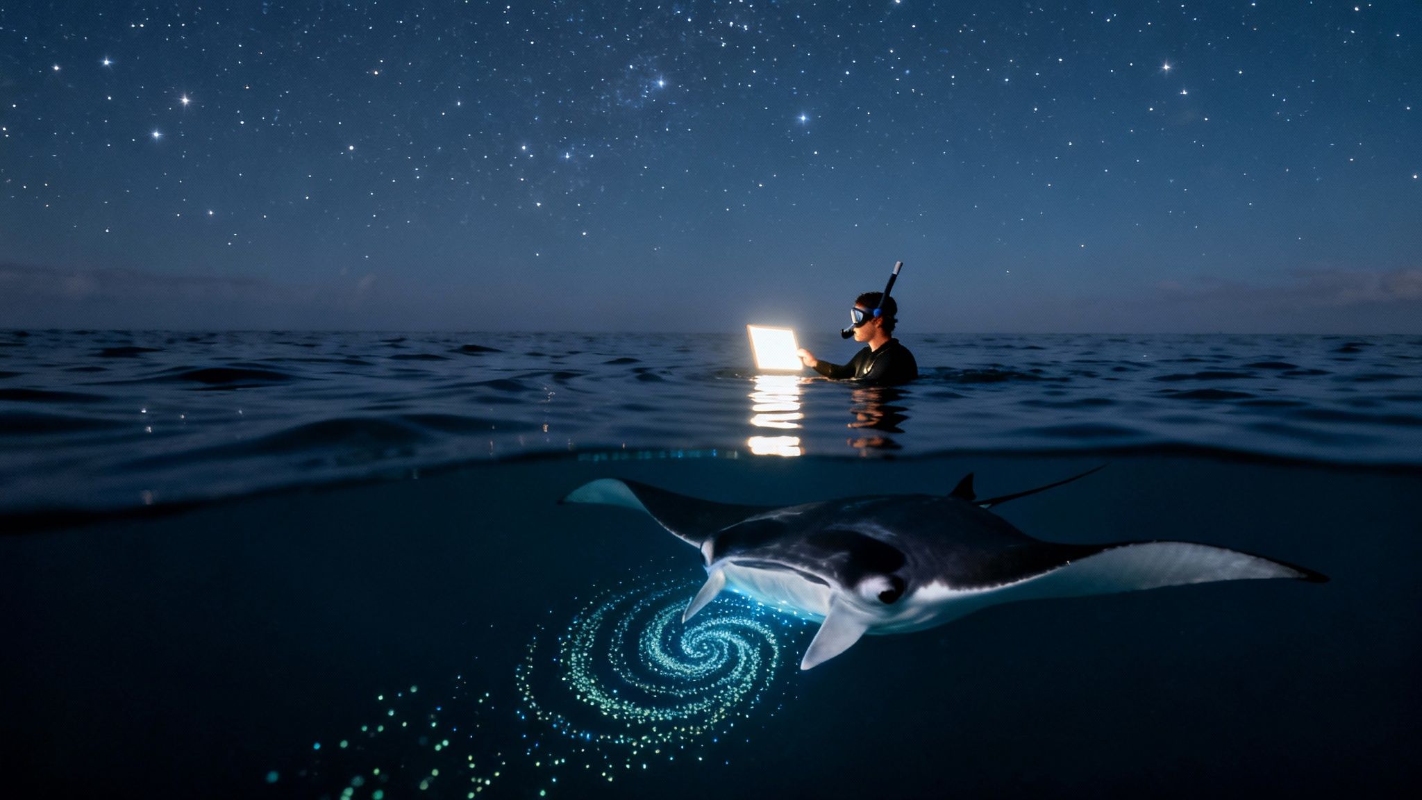 A snorkeler with a glowing laptop in the ocean at night, a manta ray and glowing spiral below.