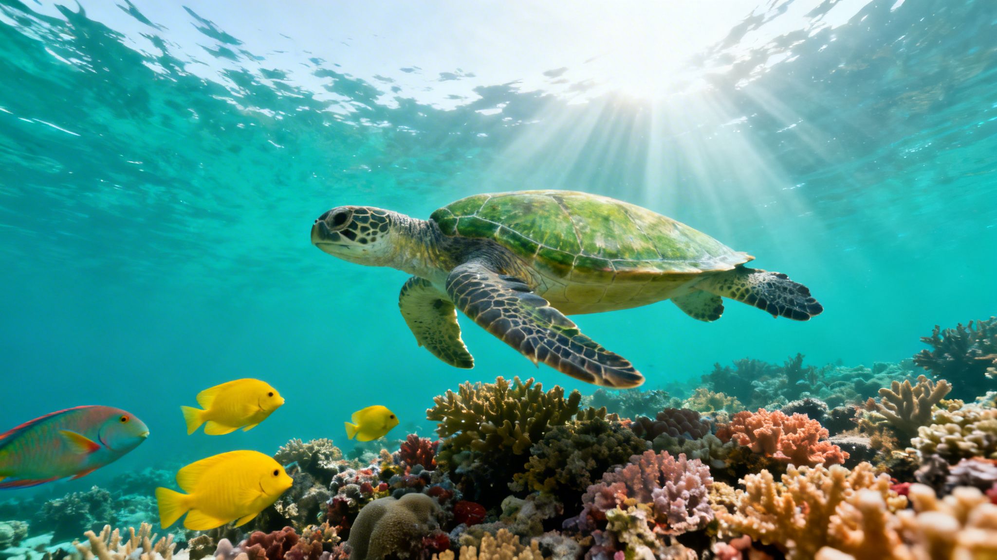 A magnificent green sea turtle glides gracefully over a vibrant coral reef, with colorful fish and sun rays.