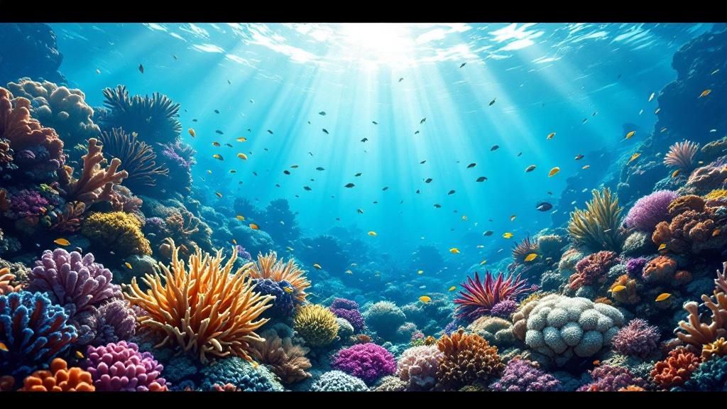 A large school of yellow tang fish swimming over a coral reef.