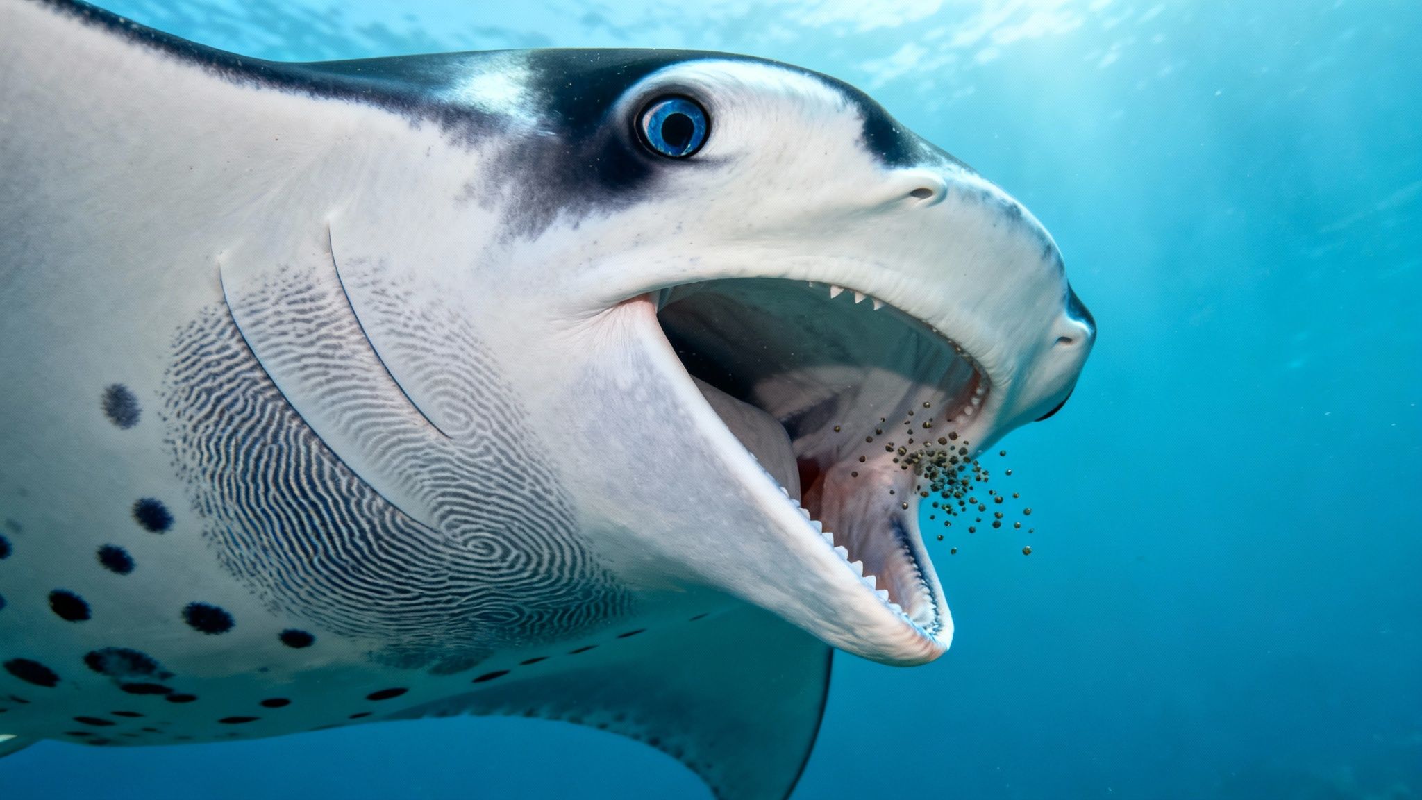 Close-up of a majestic manta ray with a wide-open mouth, feeding underwater.