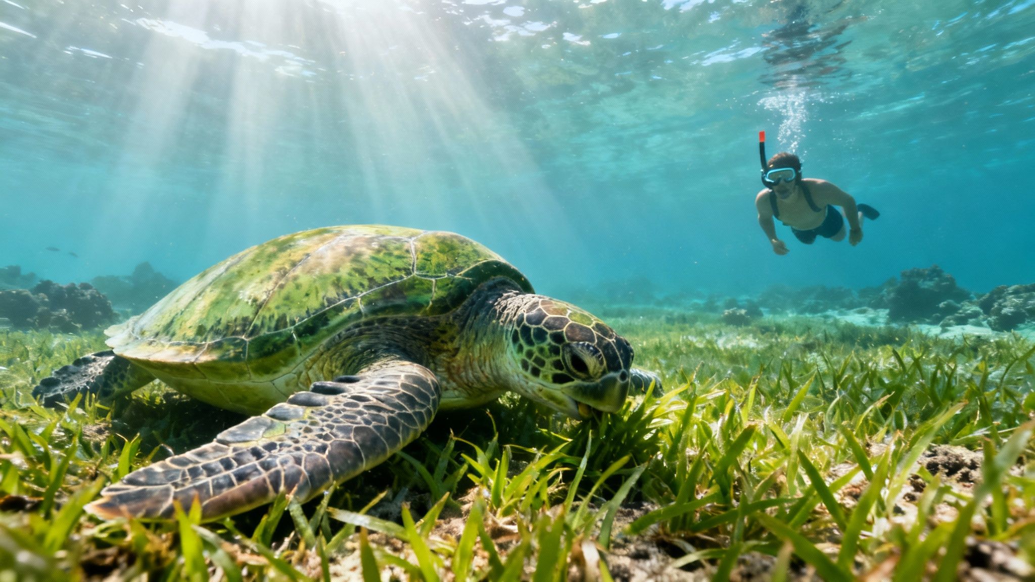 A majestic green sea turtle peacefully feeds on seagrass underwater, observed by a snorkeler from above.