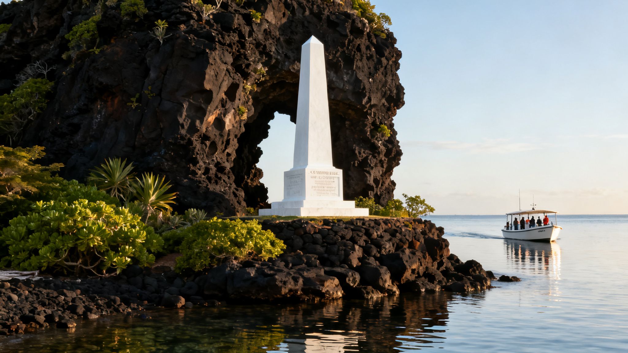 A white obelisk monument stands on a rocky shore with a natural arch and a boat on calm water.