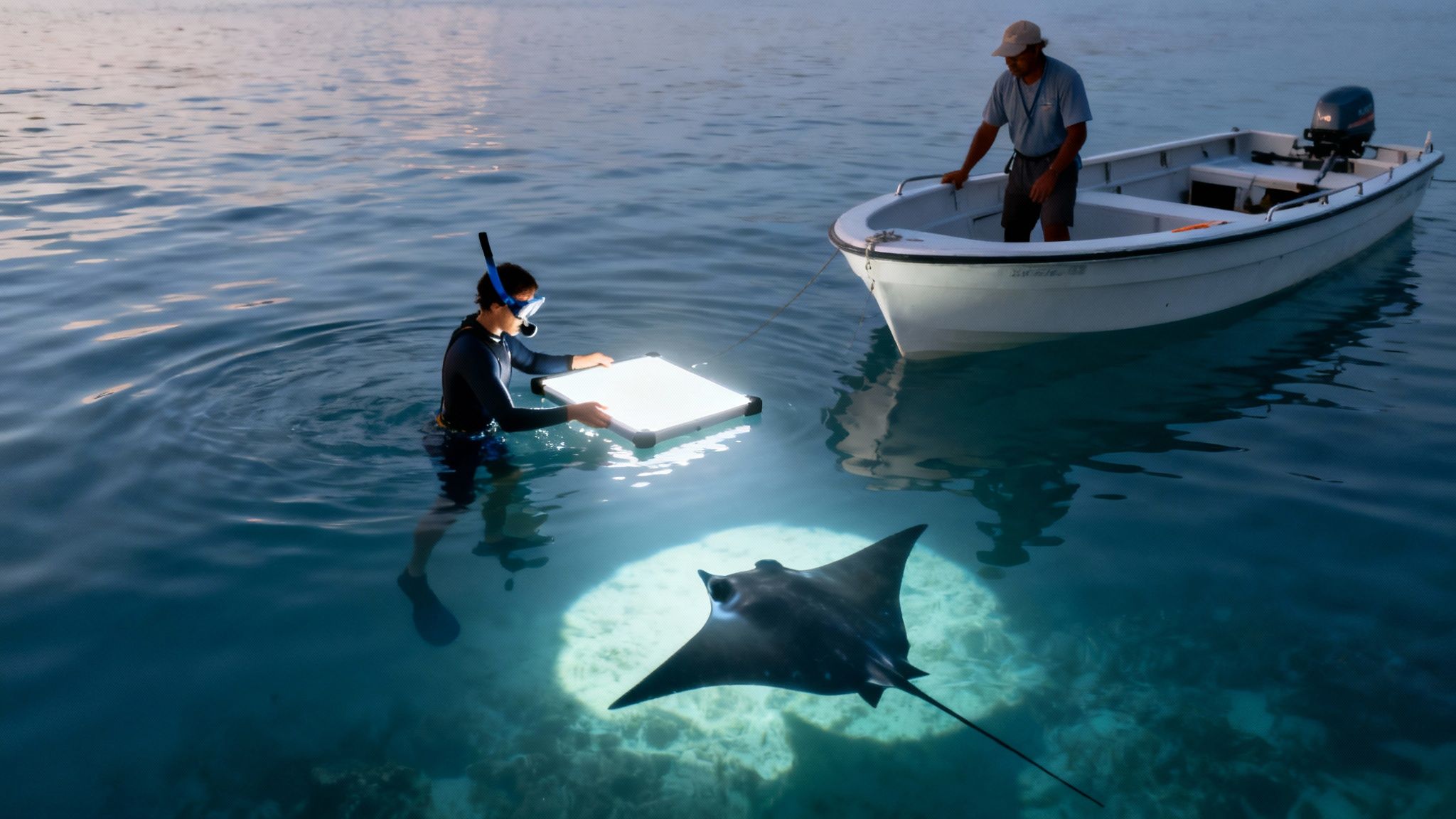 A snorkeler holds onto a light board as a manta ray glides just beneath the surface.
