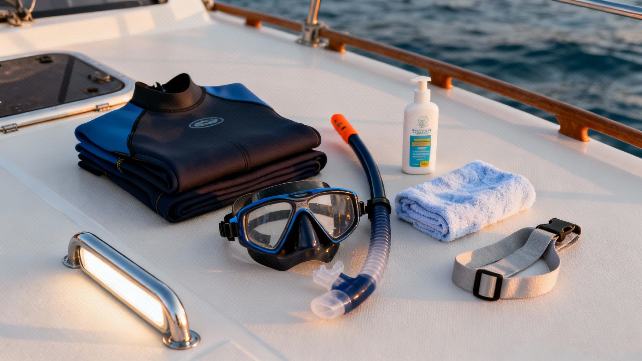 Diving essentials, including wetsuits, mask, snorkel, and sunscreen, neatly arranged on a boat deck.