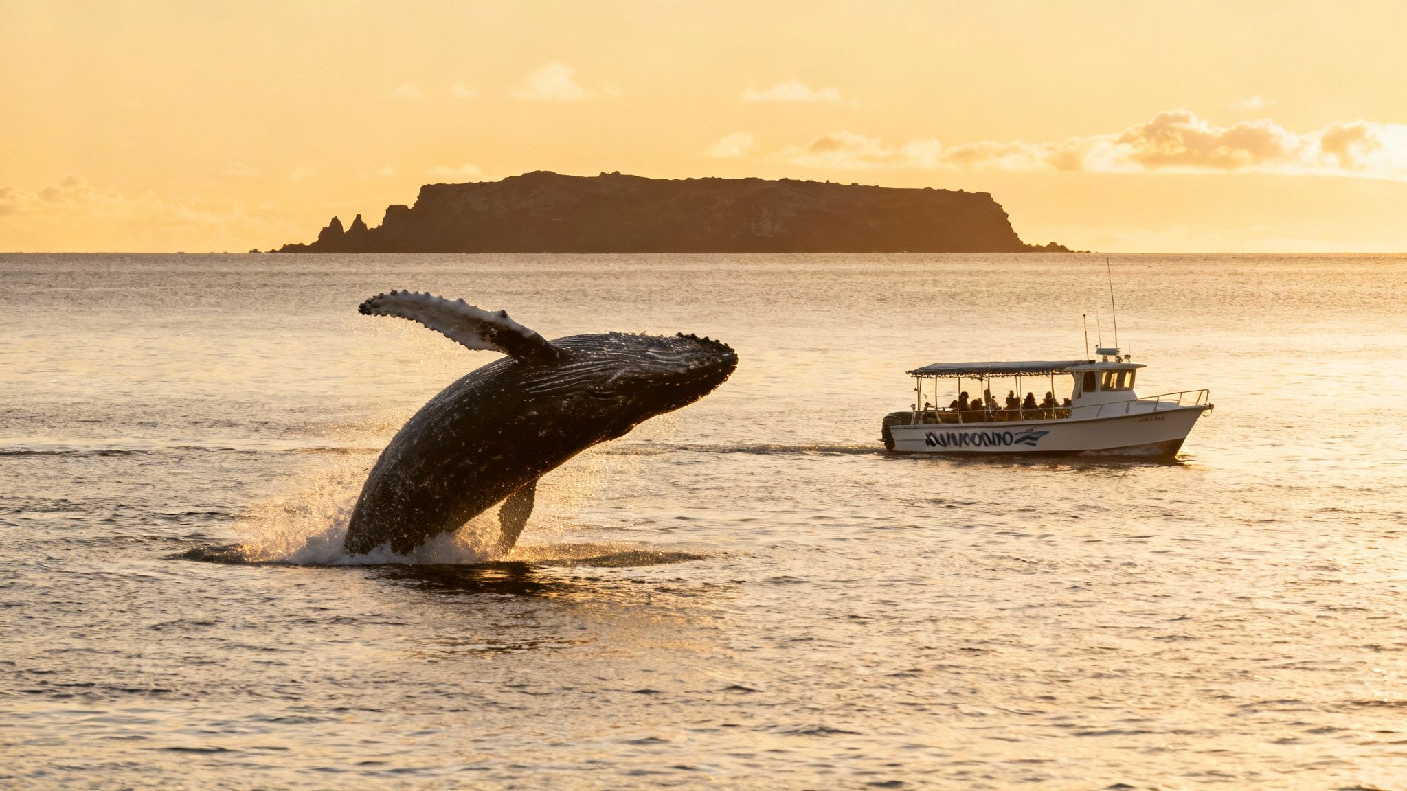 A humpback whale breaching spectacularly out of the water near a whale watching boat off the Kona coast.